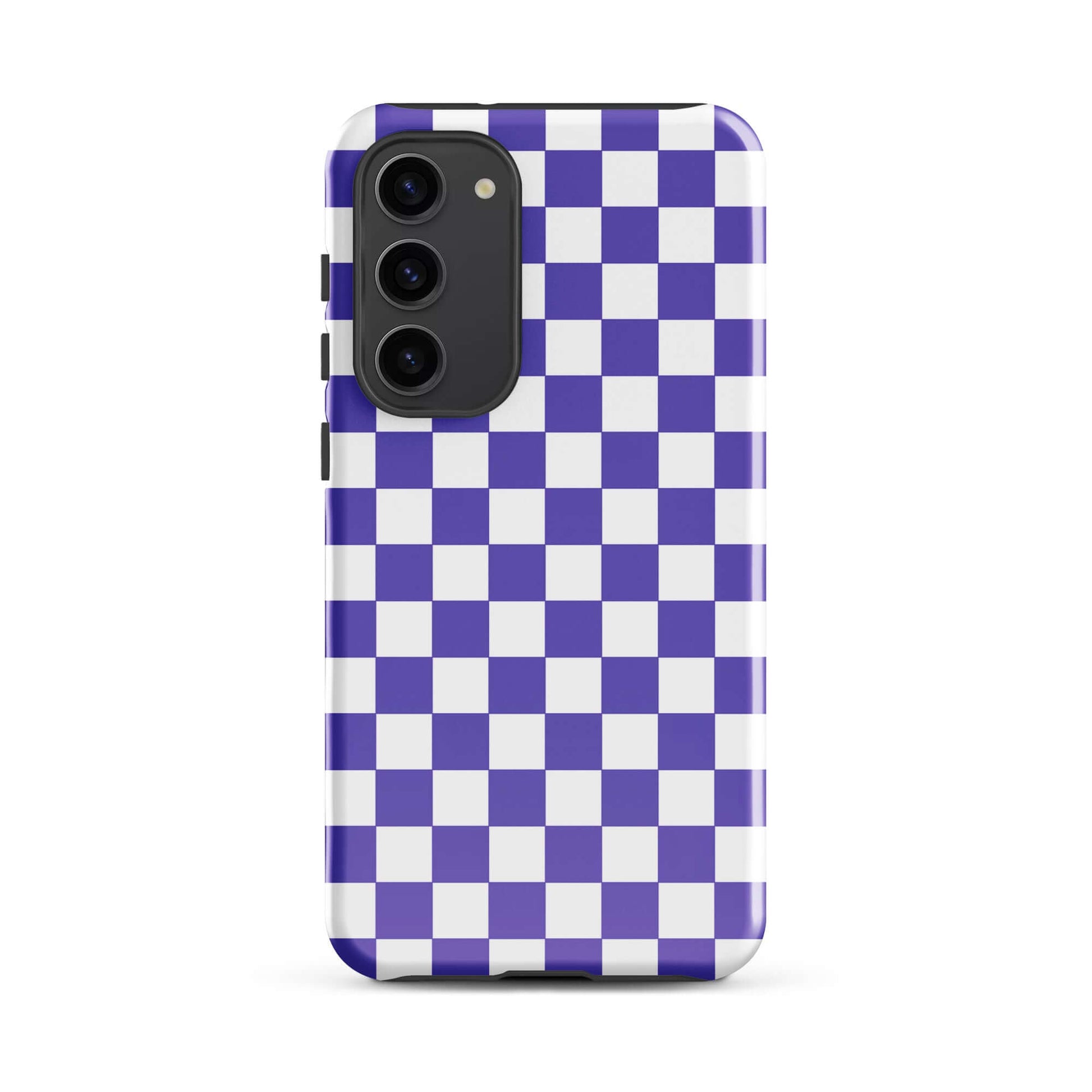 Phone Case for Samsung Galaxy with purple and white checkered pattern, stylish and fun design for daily use.