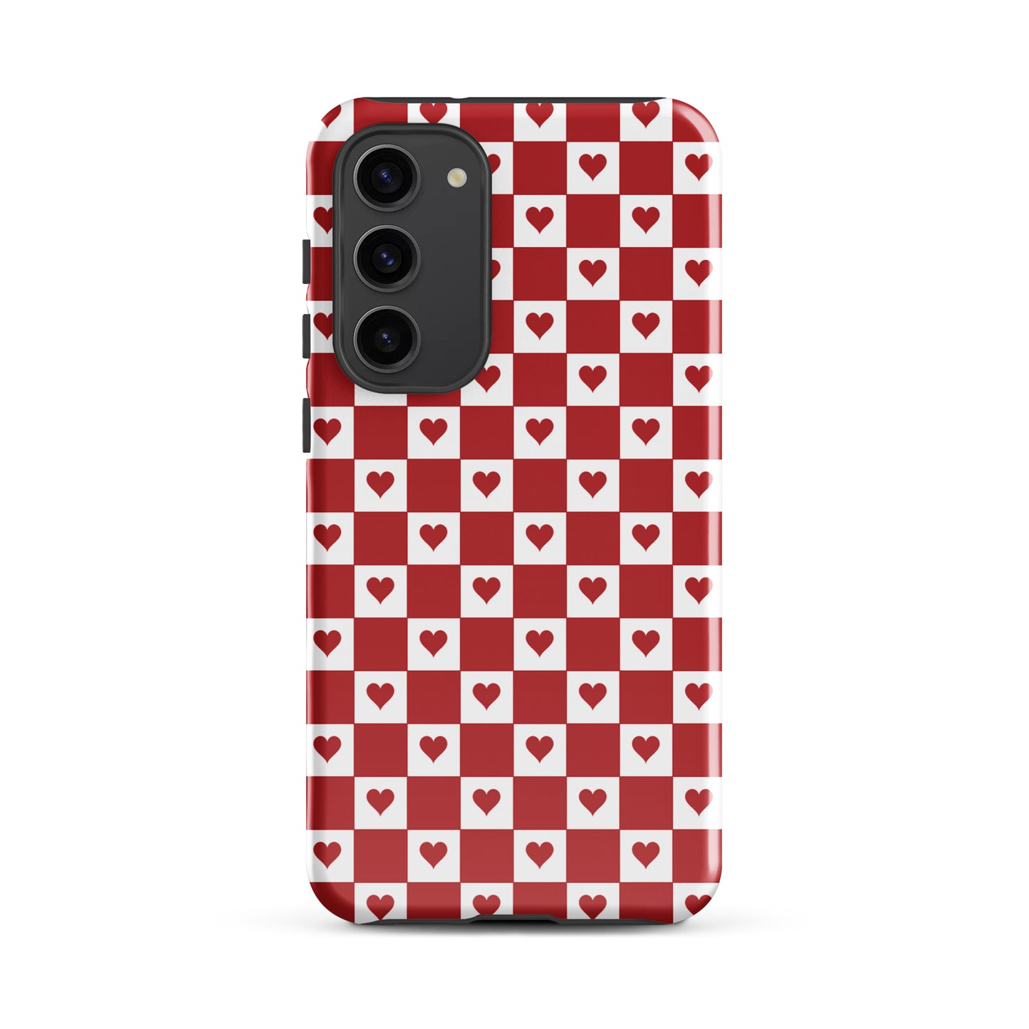Phone Case for Samsung Galaxy with cute red heart checkered design, featuring crimson hearts on a red and white pattern.