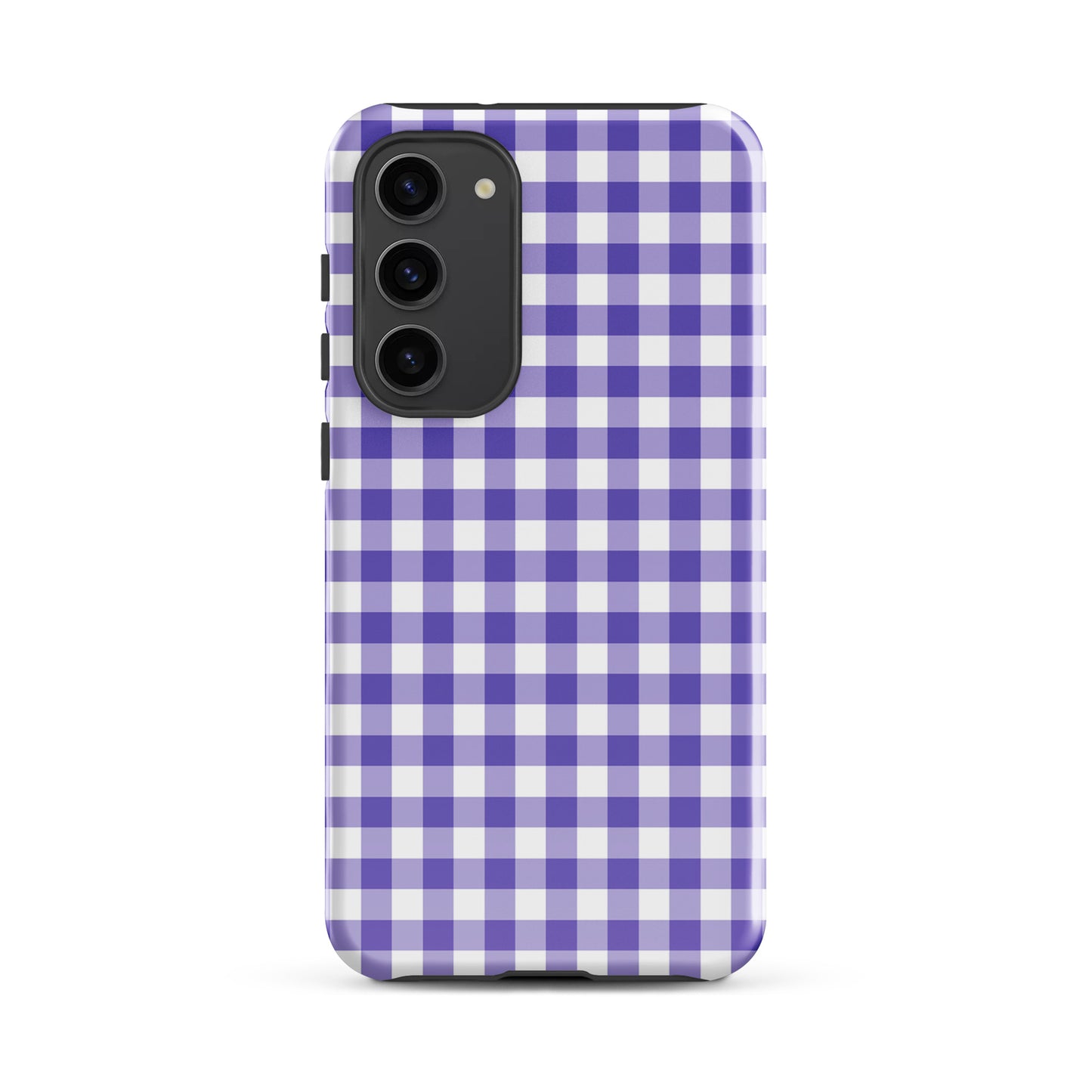 Phone case for Samsung Galaxy with a purple-and-white gingham pattern, combining style and protection.