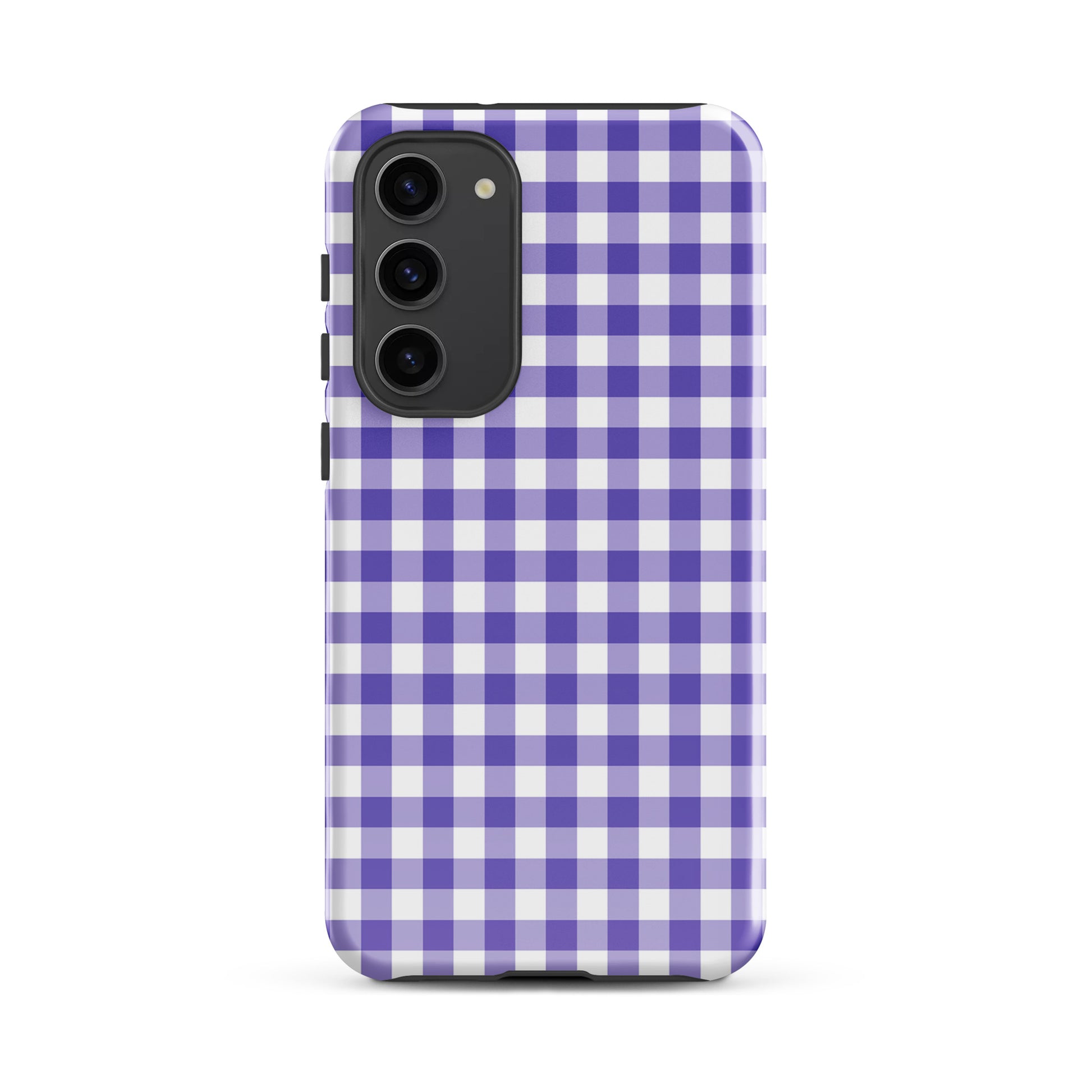 Phone case for Samsung Galaxy with a purple-and-white gingham pattern, combining style and protection.
