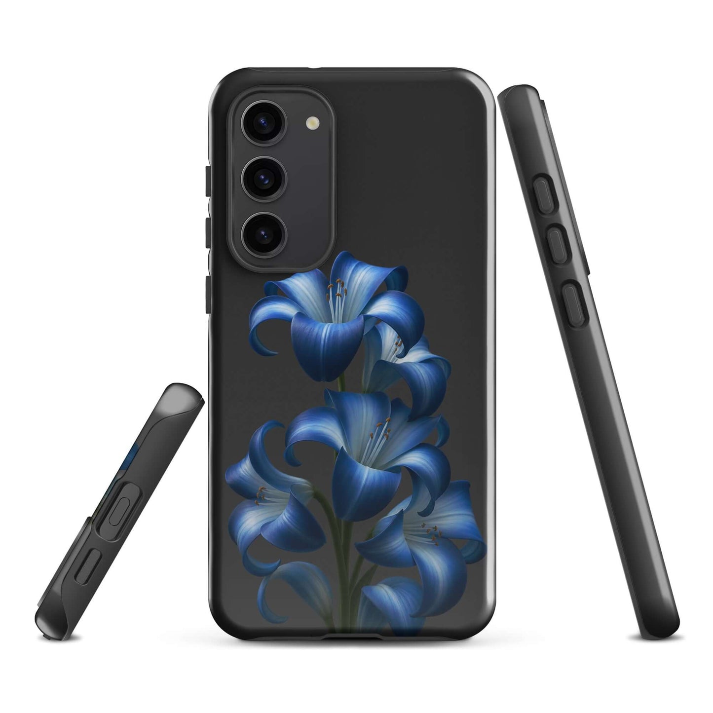 Phone Case for Samsung Galaxy with Blue Lily Bloom Art, featuring a floral design of vibrant blue lilies on a sleek dark backdrop.