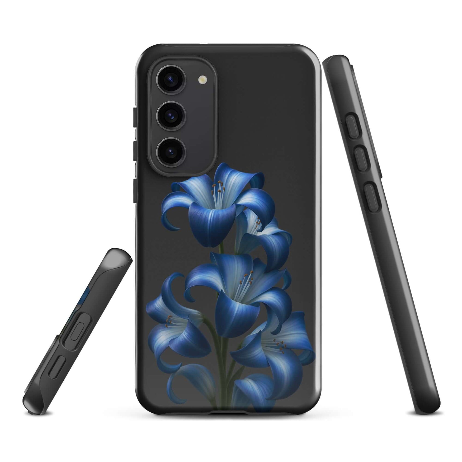 Phone Case for Samsung Galaxy with Blue Lily Bloom Art, featuring a floral design of vibrant blue lilies on a sleek dark backdrop.
