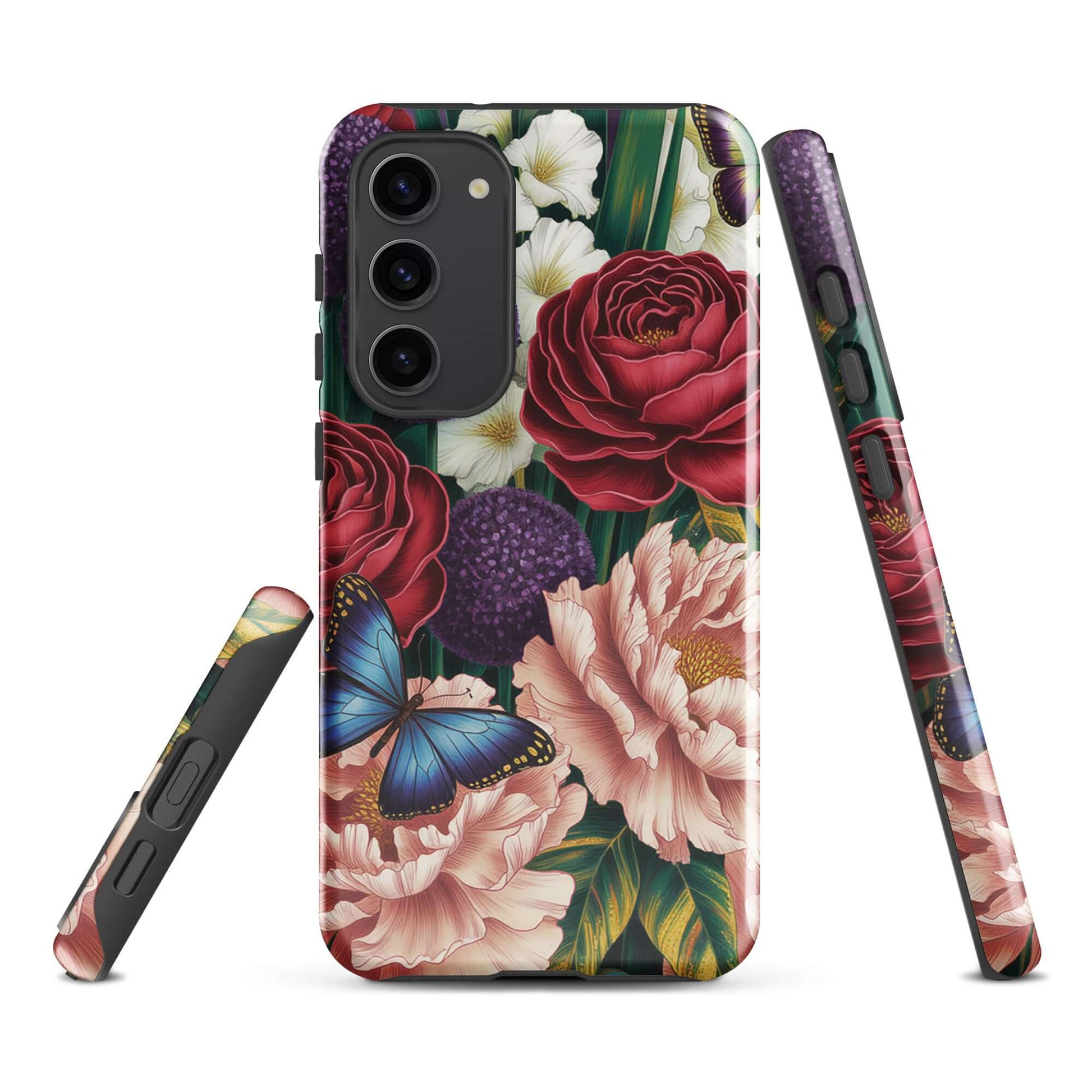 Phone Case for Samsung Galaxy featuring crimson roses, pink peonies, purple alliums, and blue butterflies in a botanical garden design.