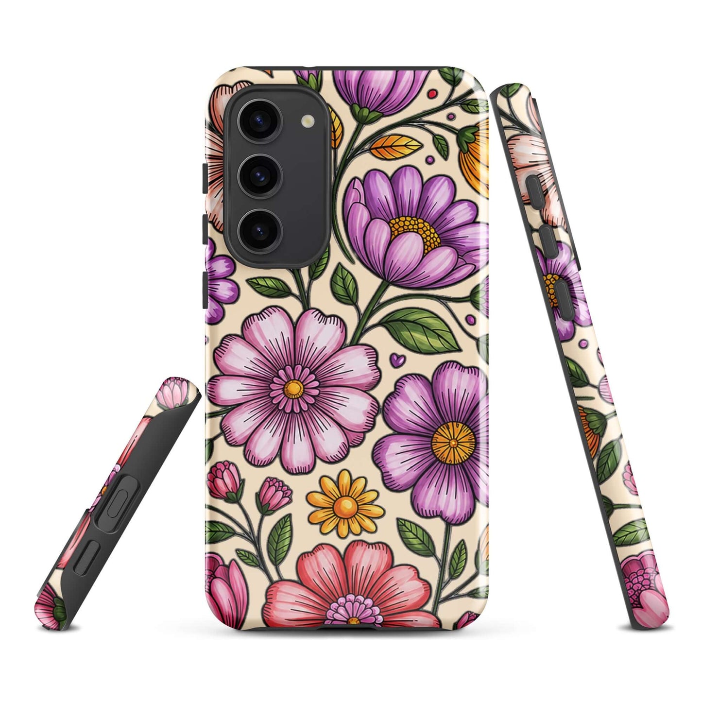Phone Case for Samsung Galaxy with pastel floral design, featuring pink, peach, lavender, and yellow flowers for a playful charm.