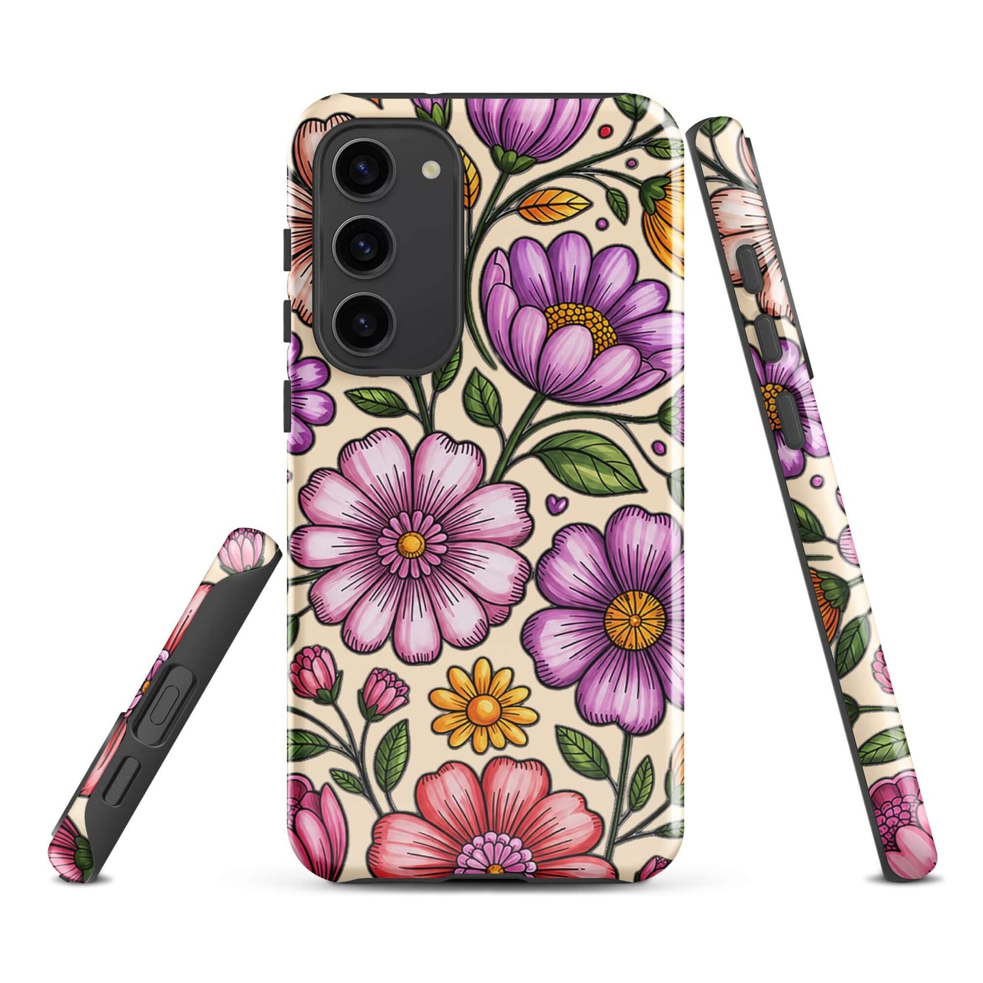 Phone Case for Samsung Galaxy with pastel floral design, featuring pink, peach, lavender, and yellow flowers for a playful charm.