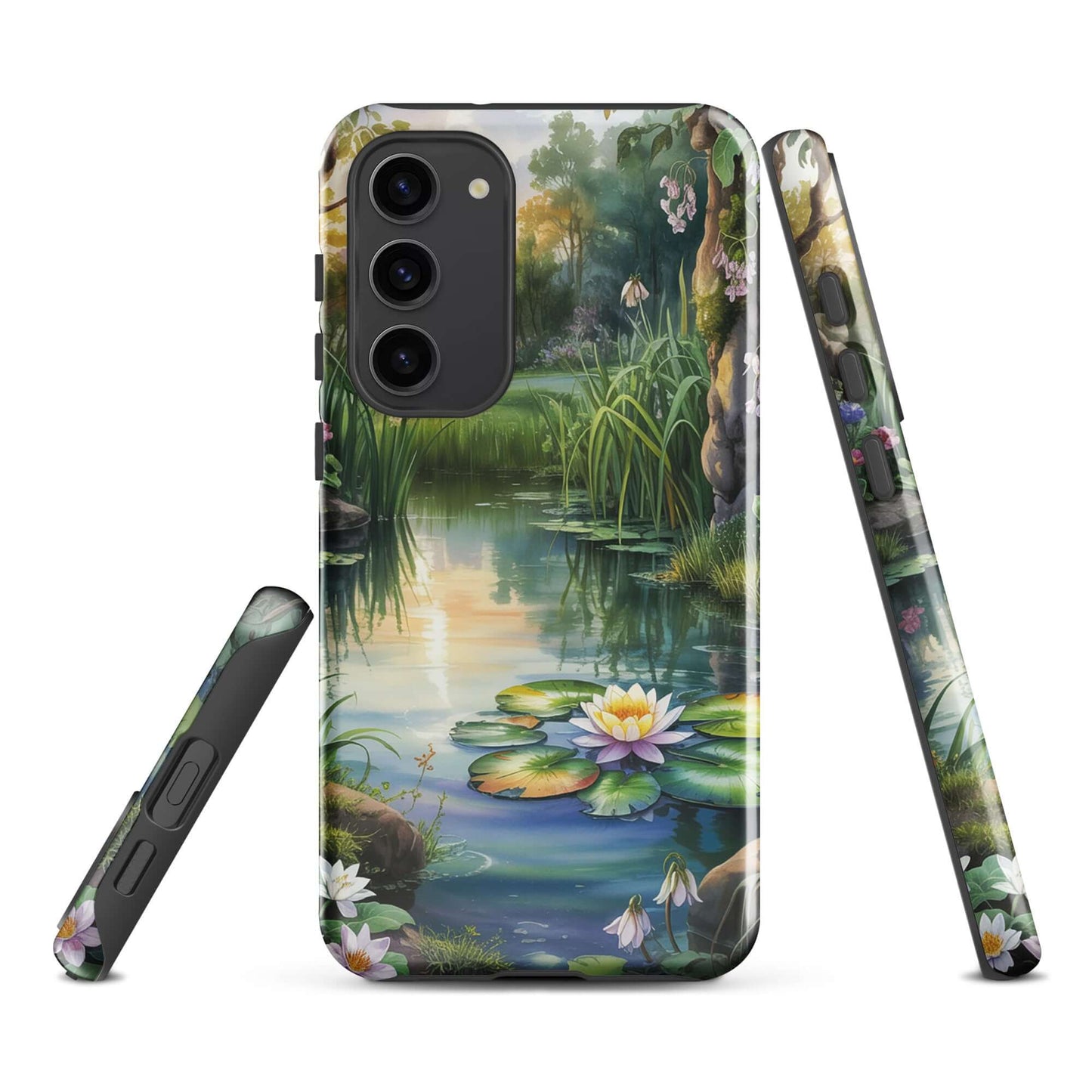 Phone Case for Samsung Galaxy featuring an enchanted pond design with lily pads, sunset reflections, and lush greenery.