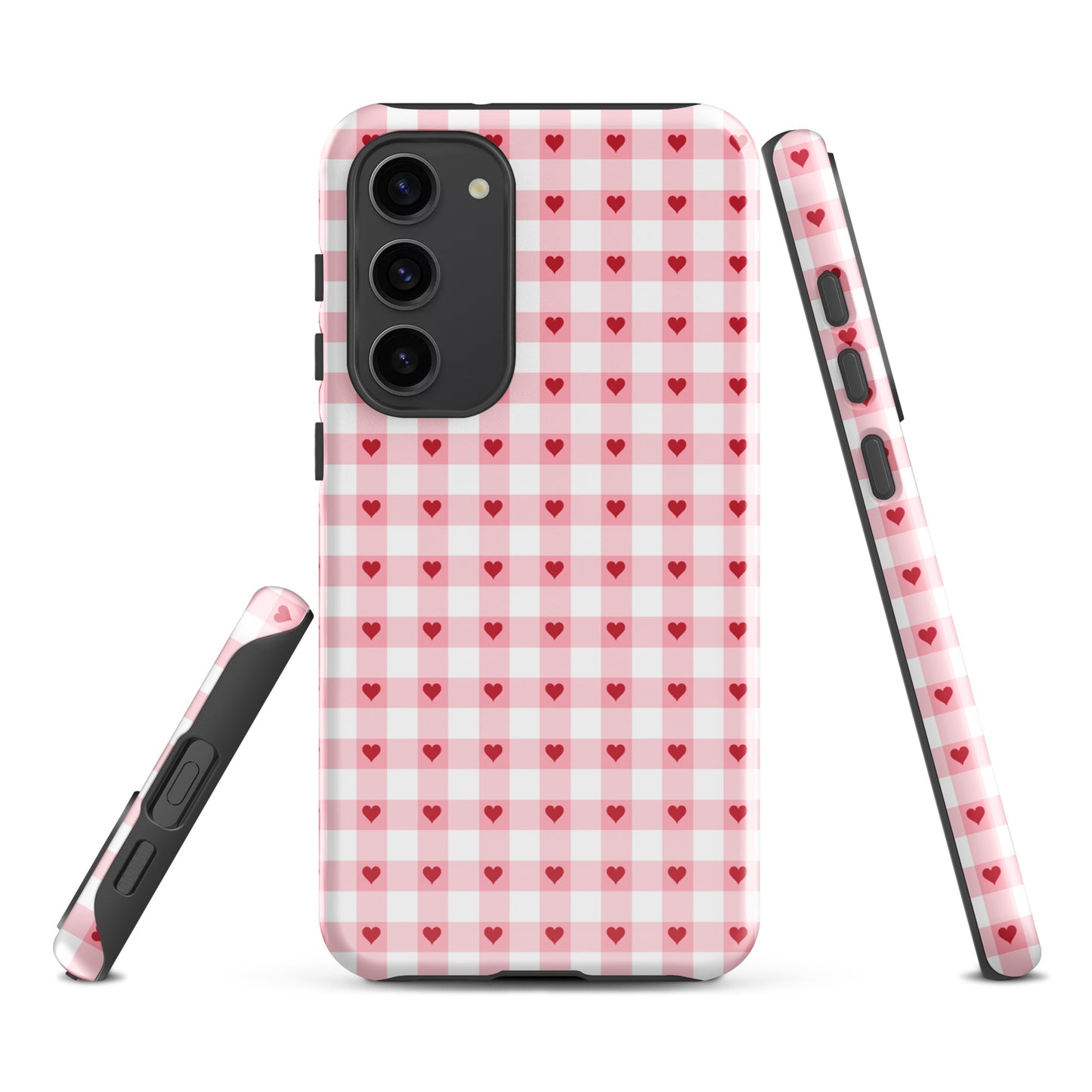 Phone Case for Samsung Galaxy with pink-and-white gingham heart pattern, showcasing stylish design and durability.