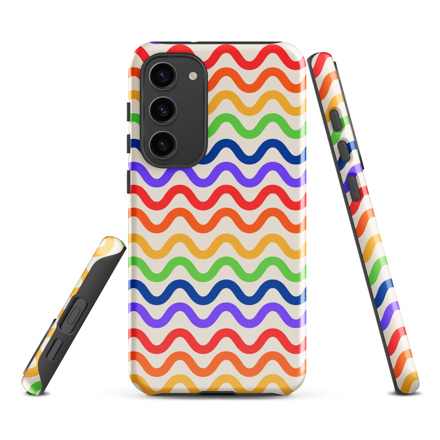 Phone Case for Samsung Galaxy with wavy rainbow design featuring purple, red, orange, yellow, green, and blue loops.