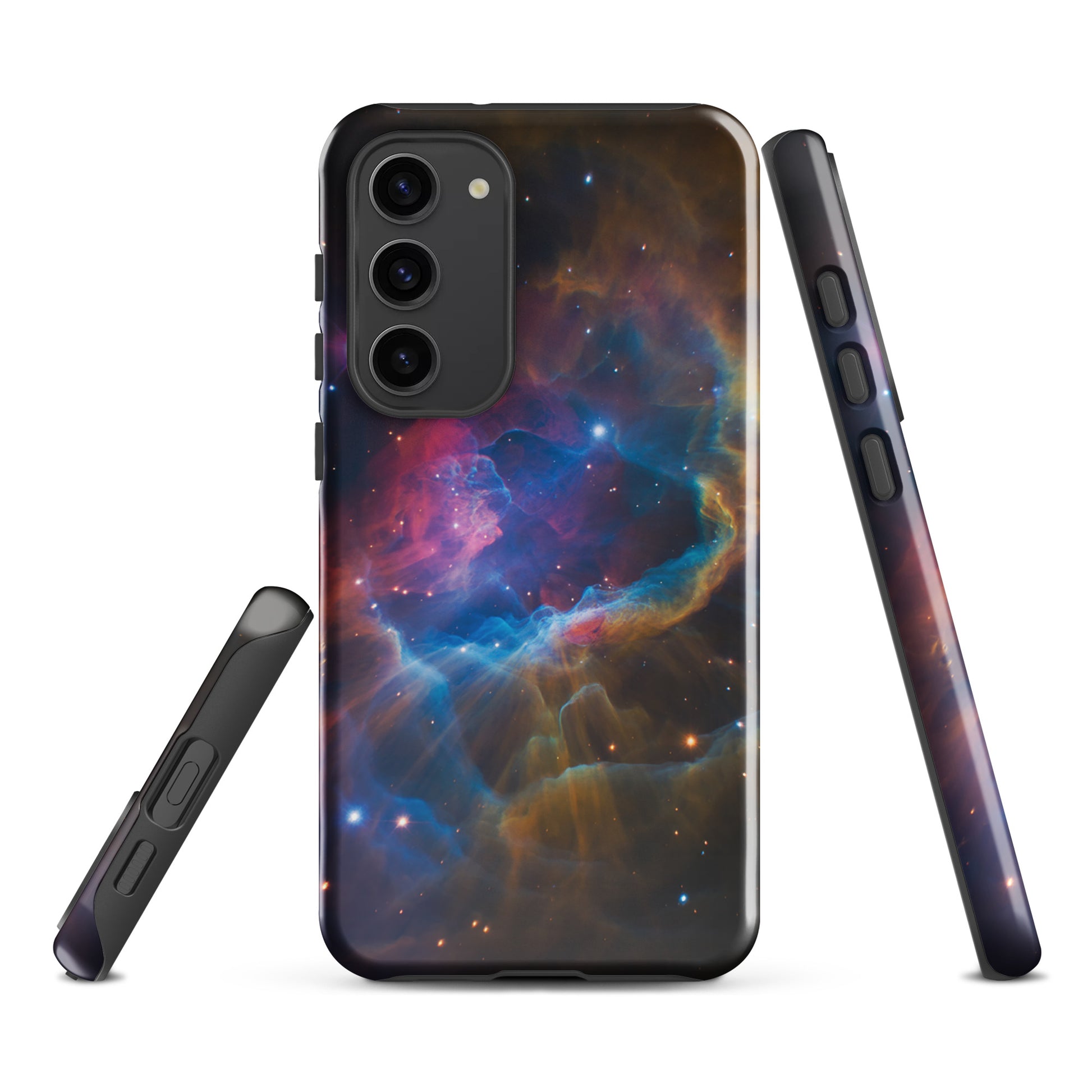 Phone Case for Samsung Galaxy with nebula design, featuring electric blues, fiery oranges, and dreamy pinks in a cosmic starburst pattern.
