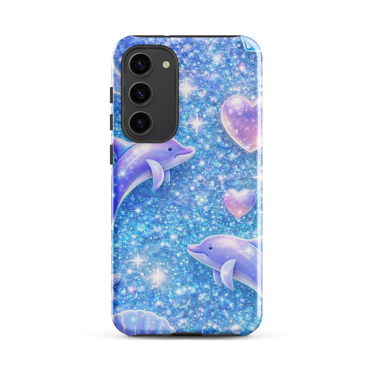 Phone Case for Samsung Galaxy - Ocean Glitter Dolphins with shimmering glitter, floating dolphins, and celestial accents.