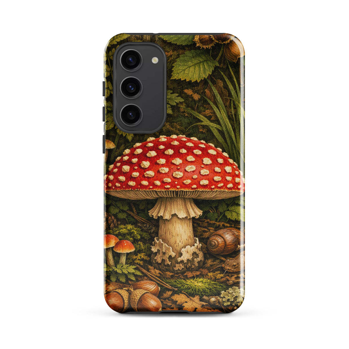Phone Case for Samsung Galaxy with Amanita Muscaria mushroom design, featuring a vivid red and white cap amidst a forest setting.