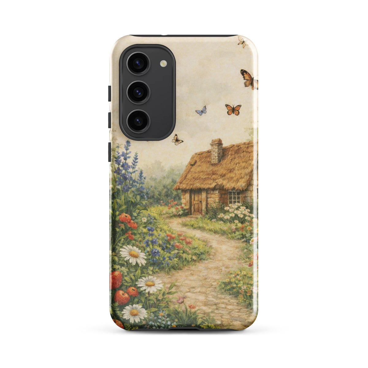 Phone Case featuring a cottage garden art design with a thatched-roof house, daisies, poppies, and butterflies for Samsung Galaxy.
