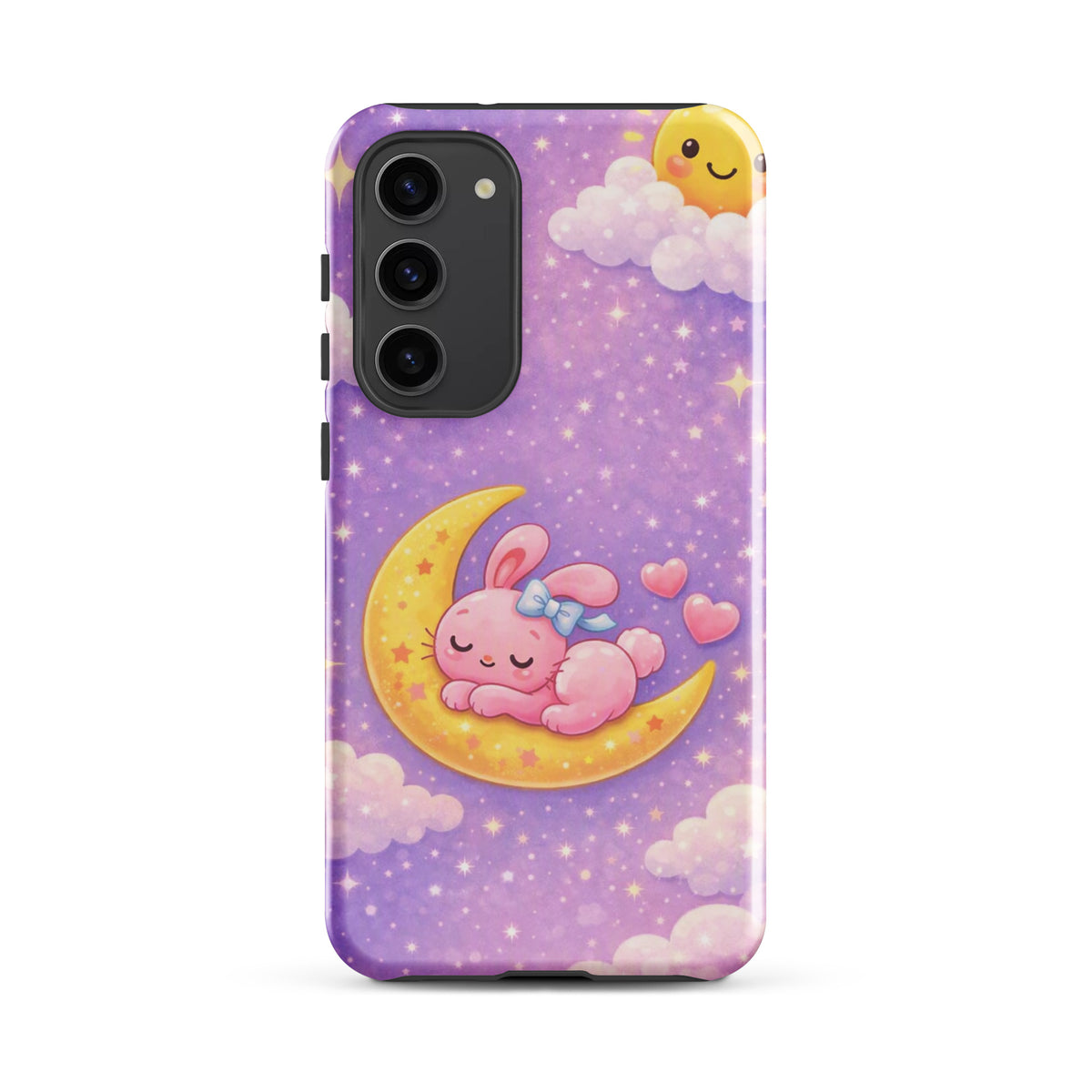 Phone Case for Samsung Galaxy - Cute, Cozy, Dreamy Bunny Moon Design with sleeping pink bunny on crescent moon and stars.