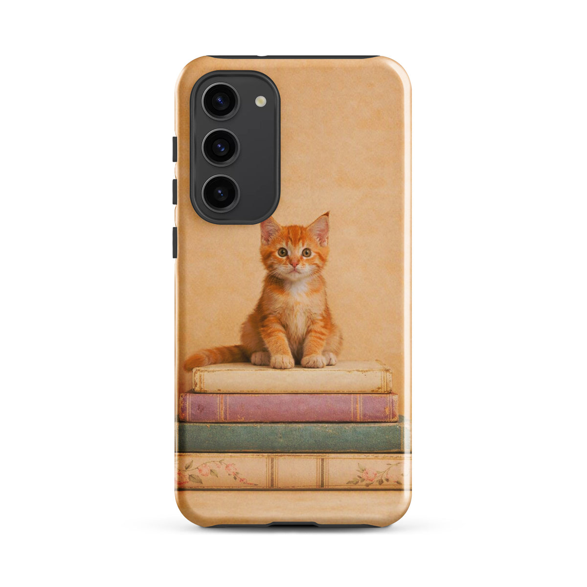 Phone Case for Samsung Galaxy featuring a cozy orange tabby kitten on vintage pastel books design