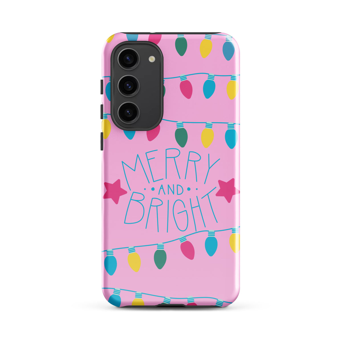 Phone Case for Samsung Galaxy with holiday lights and Merry and Bright design on pink background.