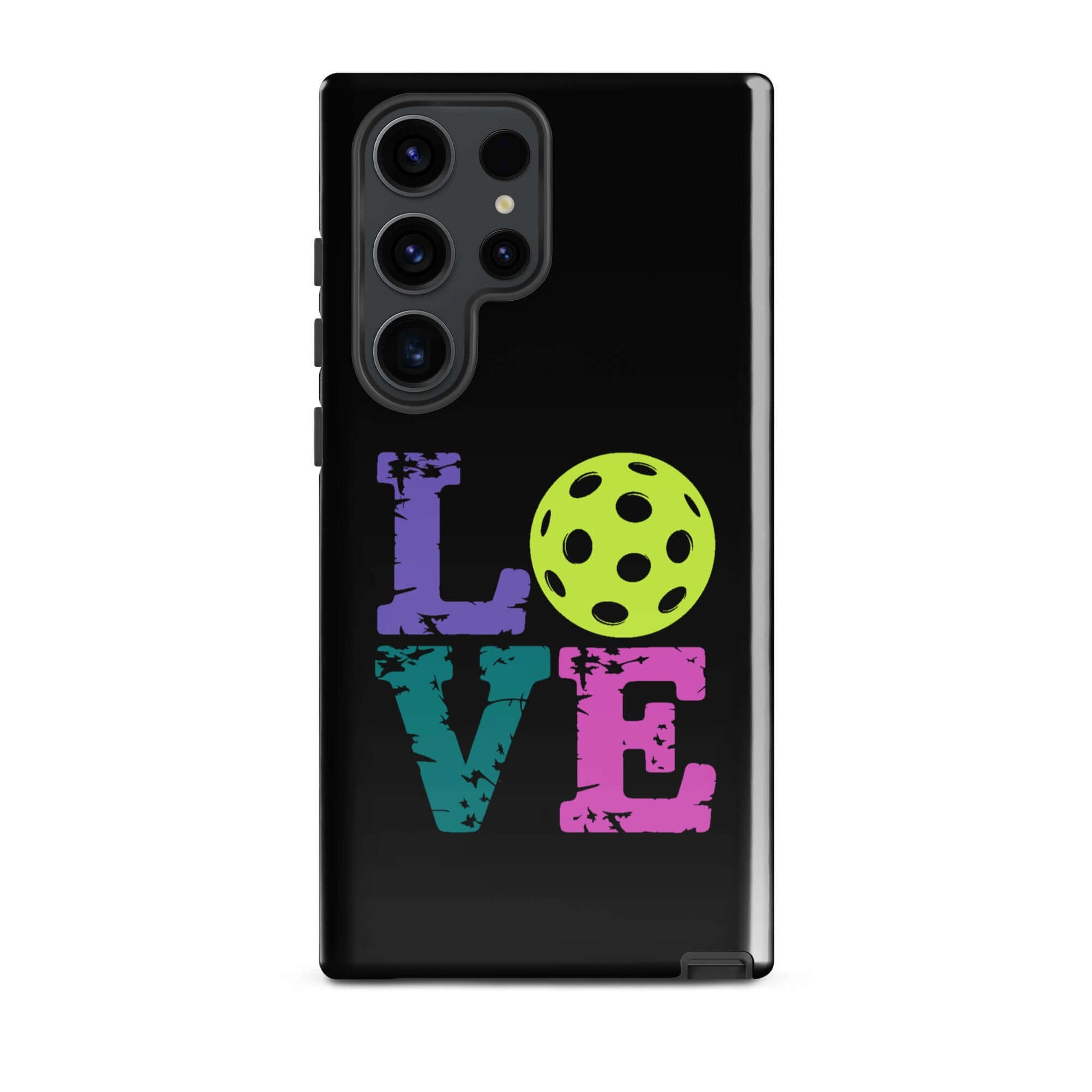 LOVE Pickleball Tough Case for Samsung® featuring colorful text and pickleball icon.