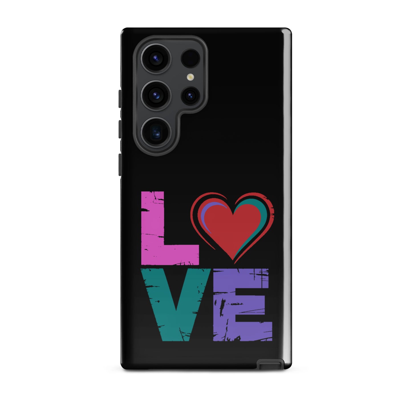 Tough case for Samsung Galaxy Phones featuring colorful 'LOVE' design with a heart replacing the 'O'.