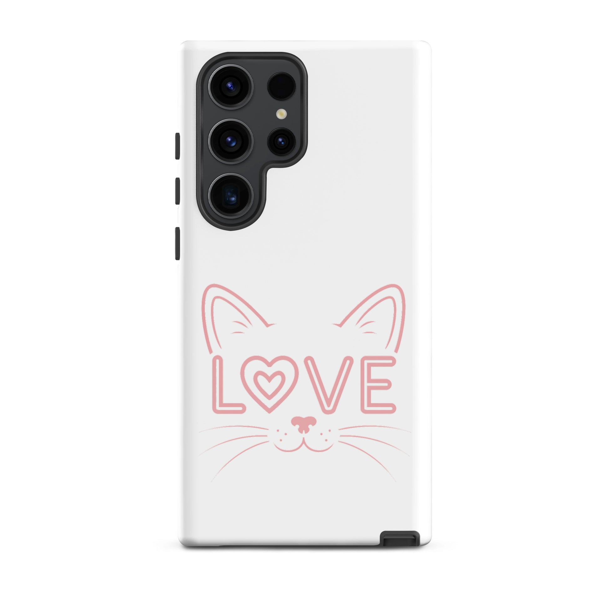 Cat Love Phone Case for Samsung Galaxy with minimalist cat face and heart-shaped eye, perfect for feline fans.