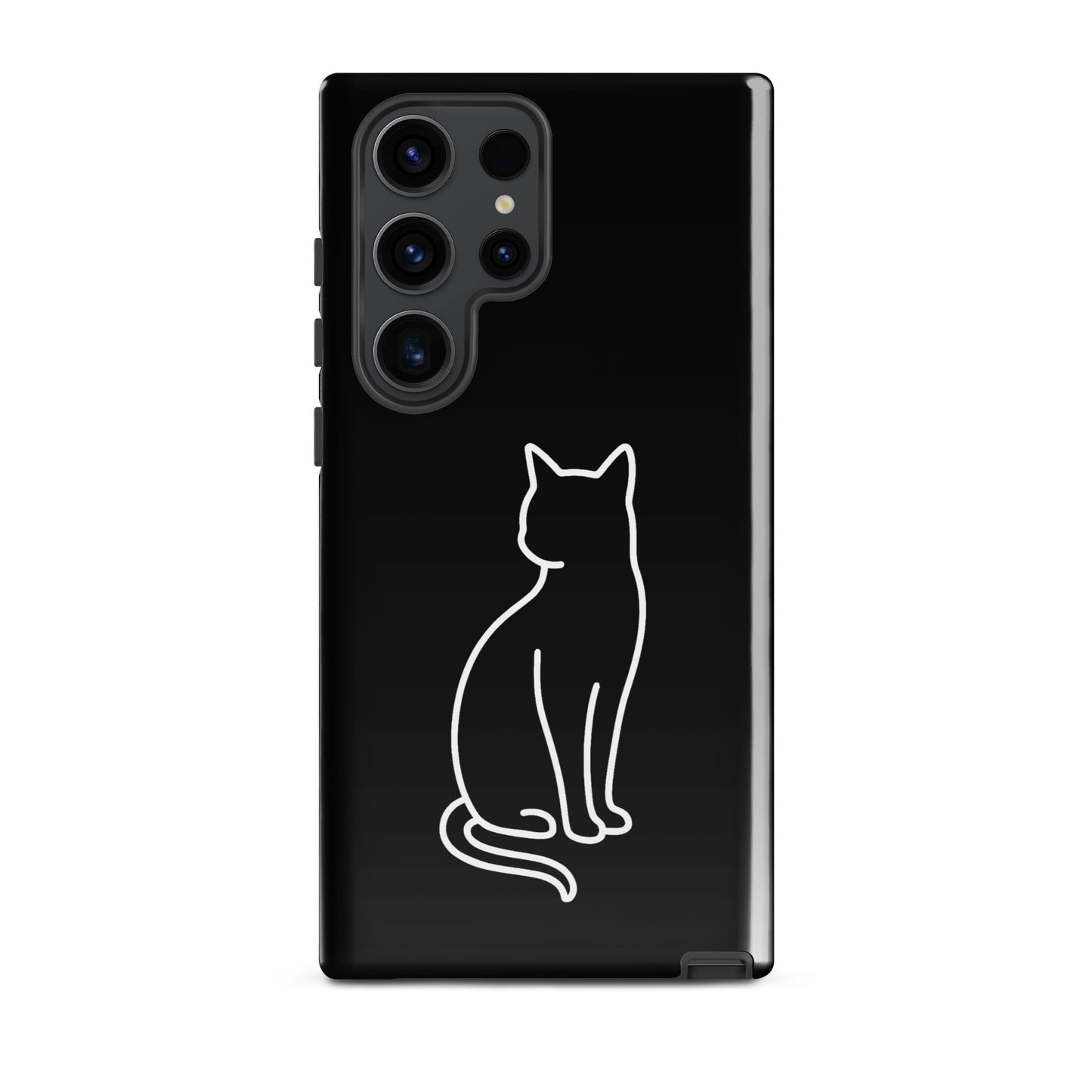 Phone Case for Samsung Galaxy featuring a minimalist white cat outline on a sleek black background.