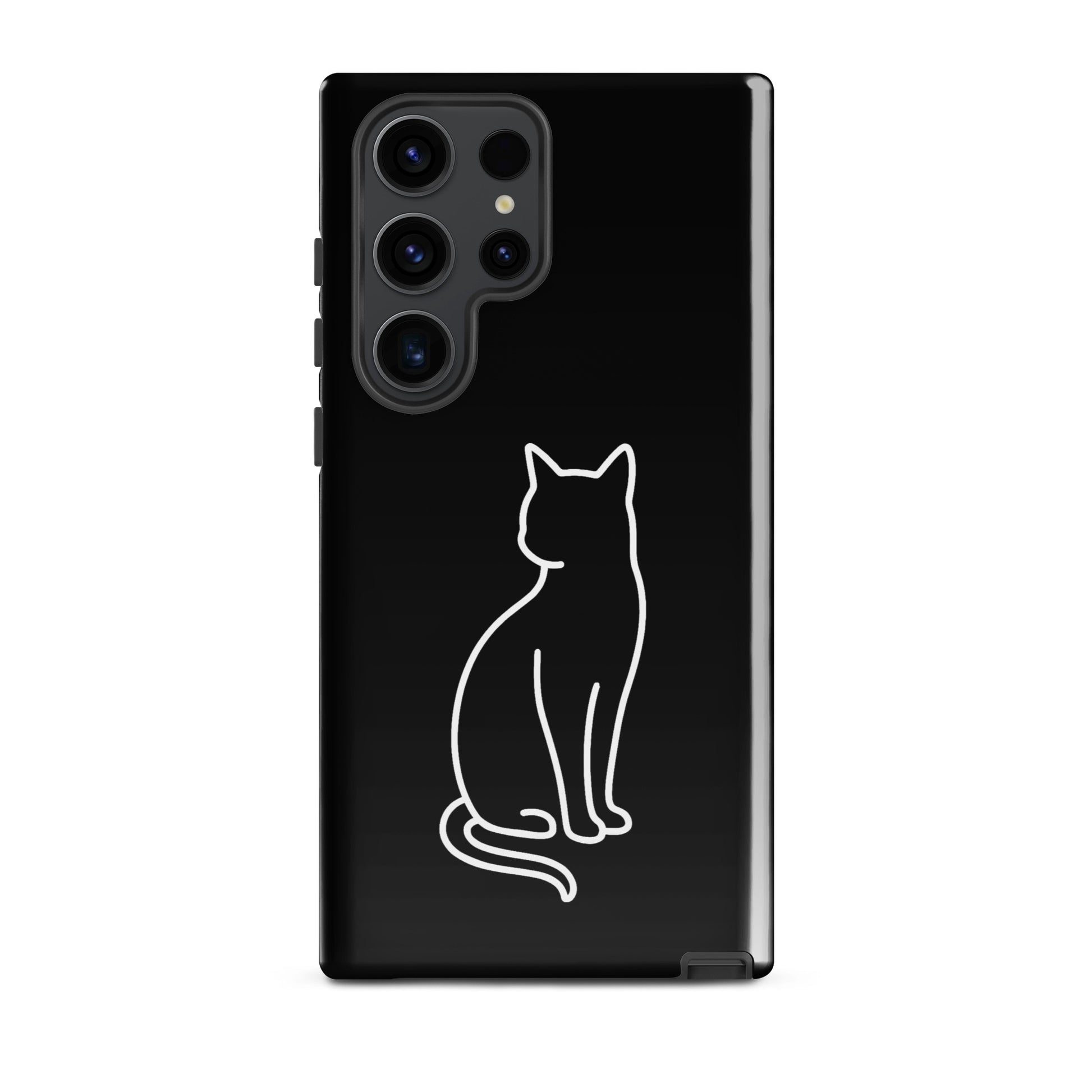 Phone Case for Samsung Galaxy featuring a minimalist white cat outline on a sleek black background.