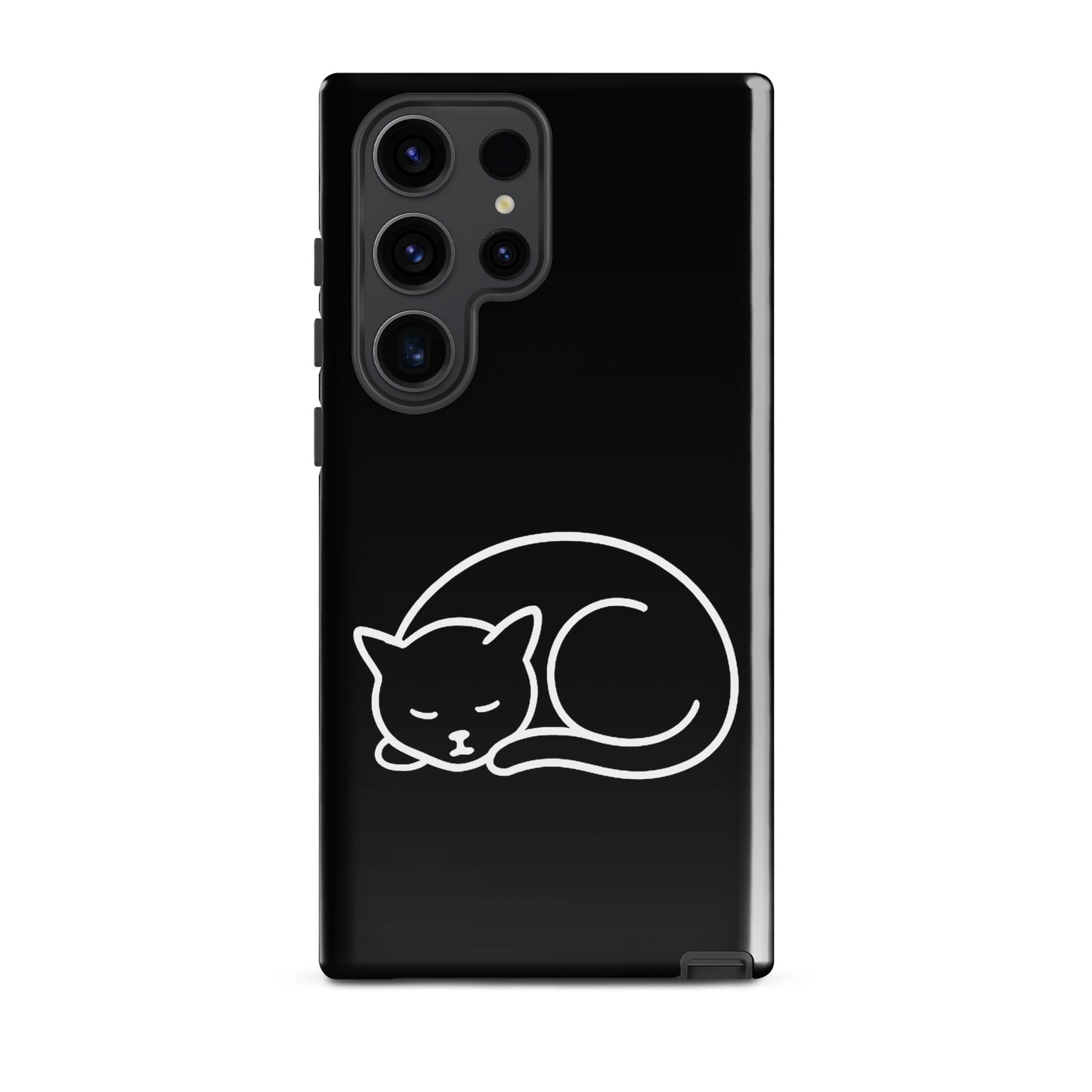Phone Case for Samsung Galaxy Phones with minimalist curled-up cat design on black background.