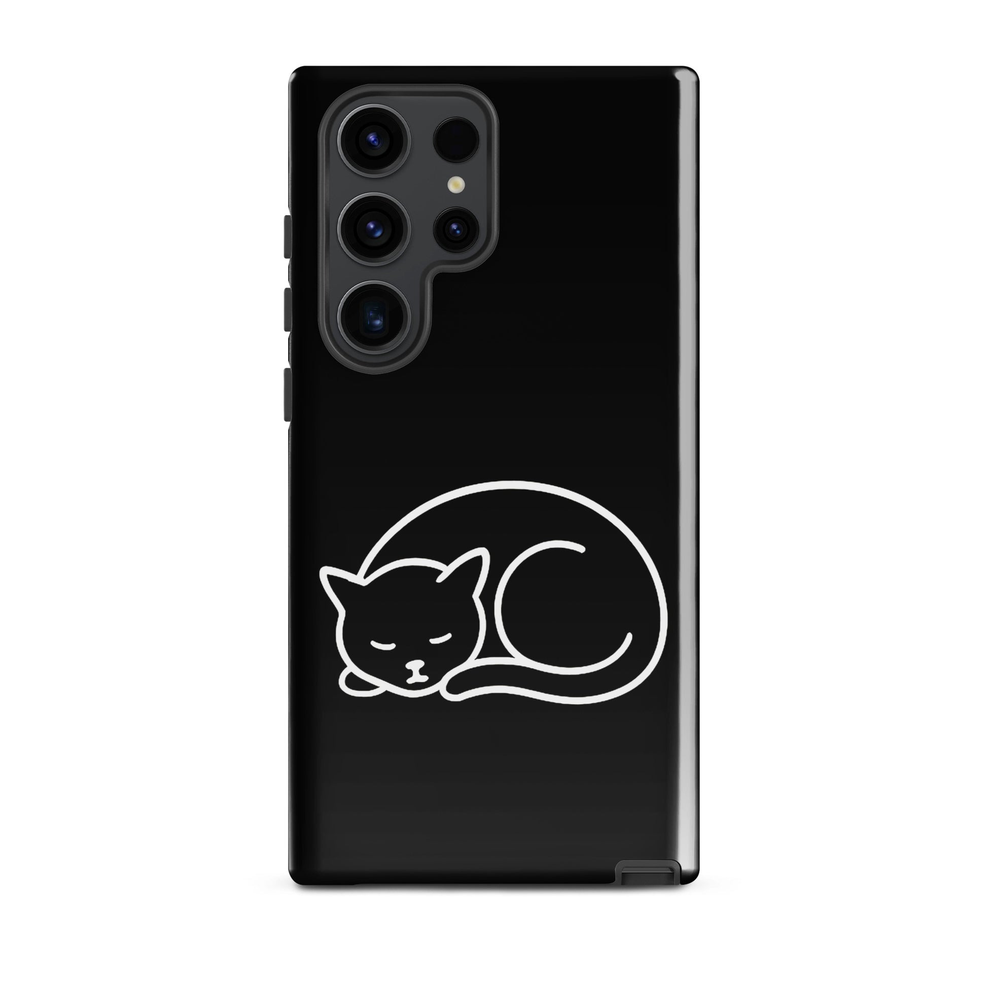 Phone Case for Samsung Galaxy Phones with minimalist curled-up cat design on black background.