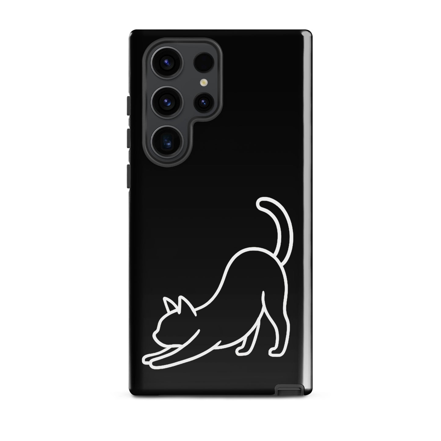 Phone Case for Samsung Galaxy with minimalist stretching cat design in white on a sleek black background.