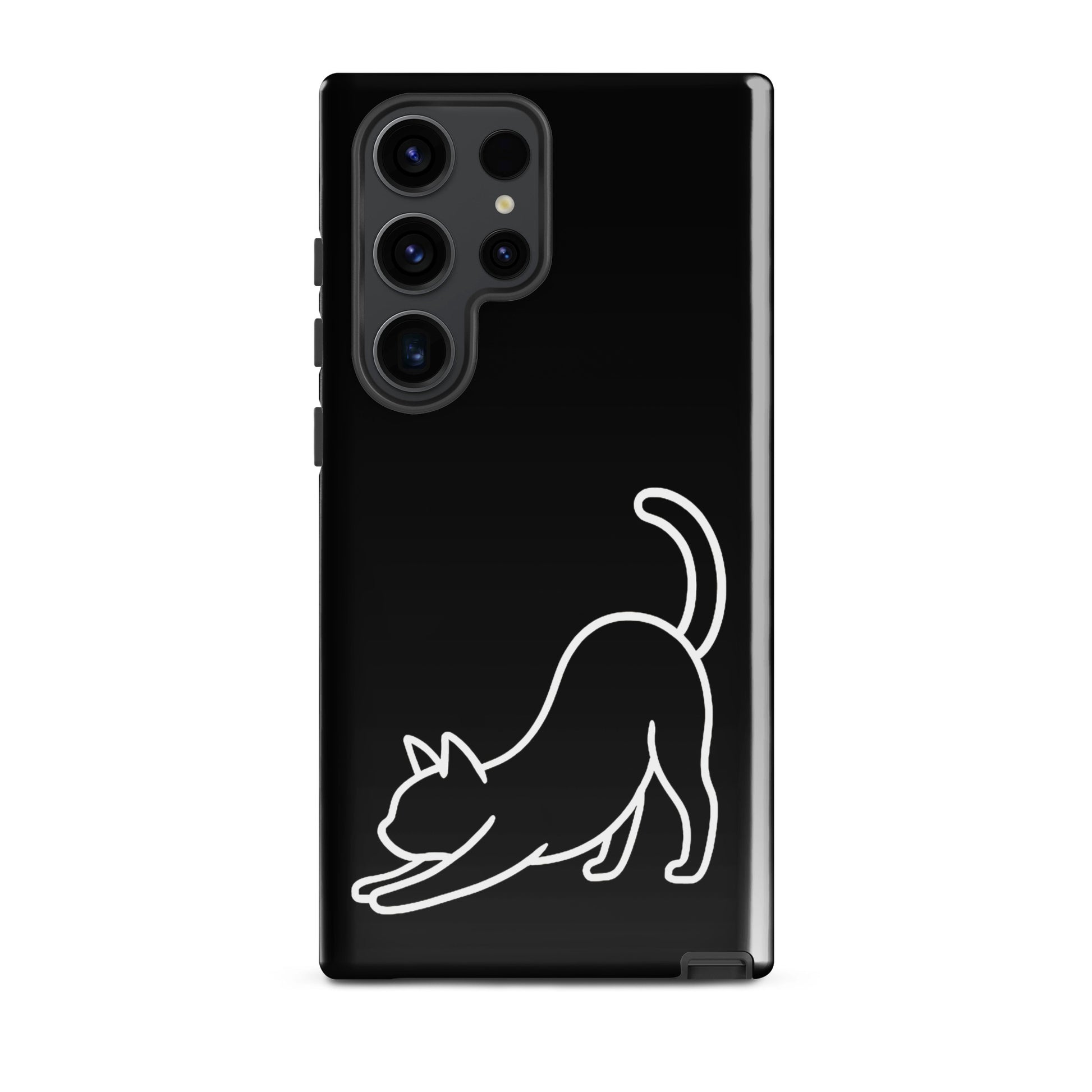 Phone Case for Samsung Galaxy with minimalist stretching cat design in white on a sleek black background.