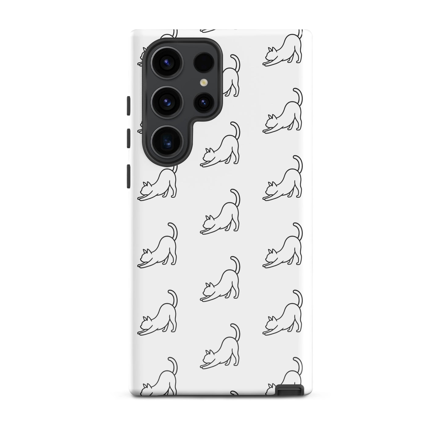 Phone Case featuring a minimalist stretching cat pattern, perfect for Samsung Galaxy users who love cats.