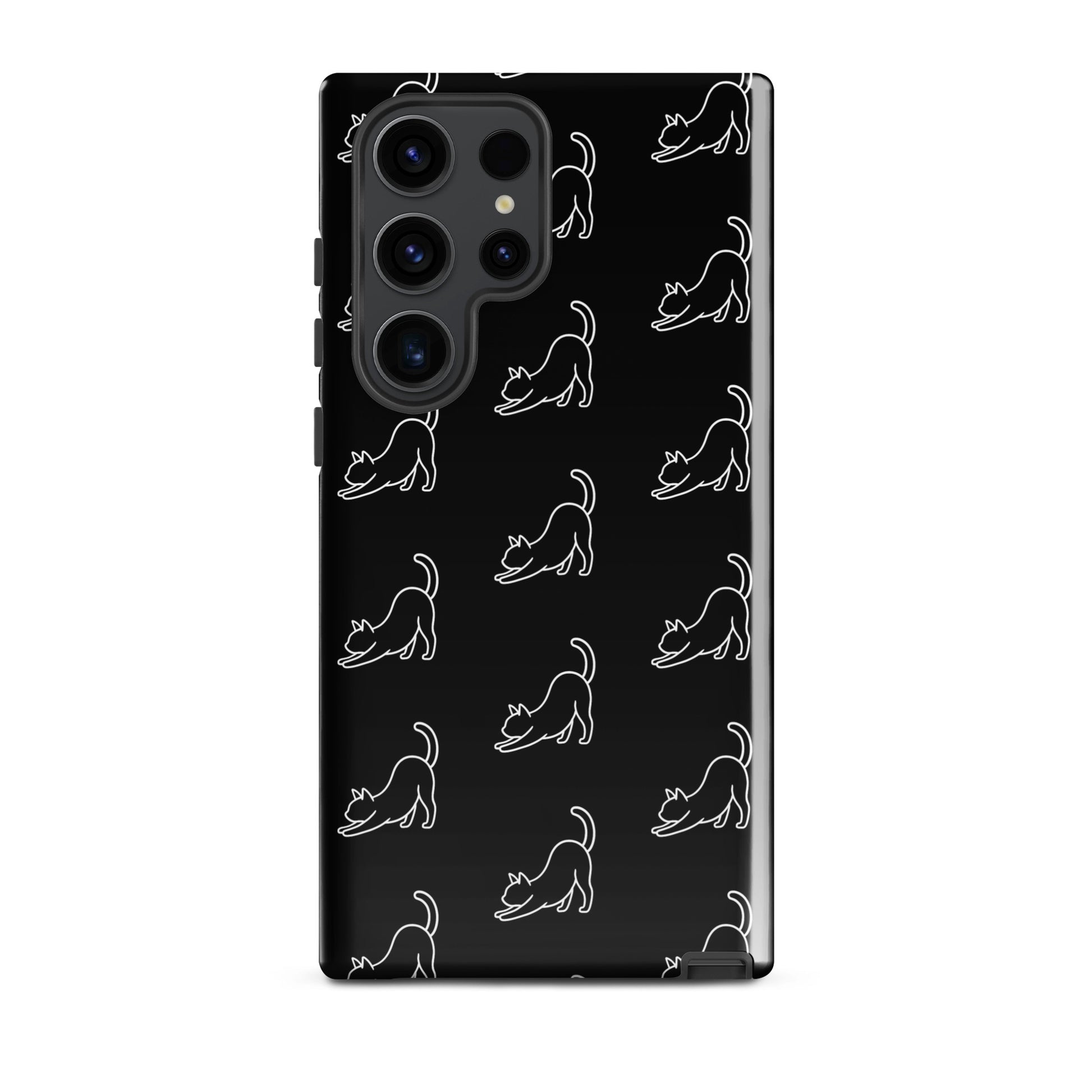 Phone Case for Samsung Galaxy with minimalist stretching cat pattern, combining style and protection.