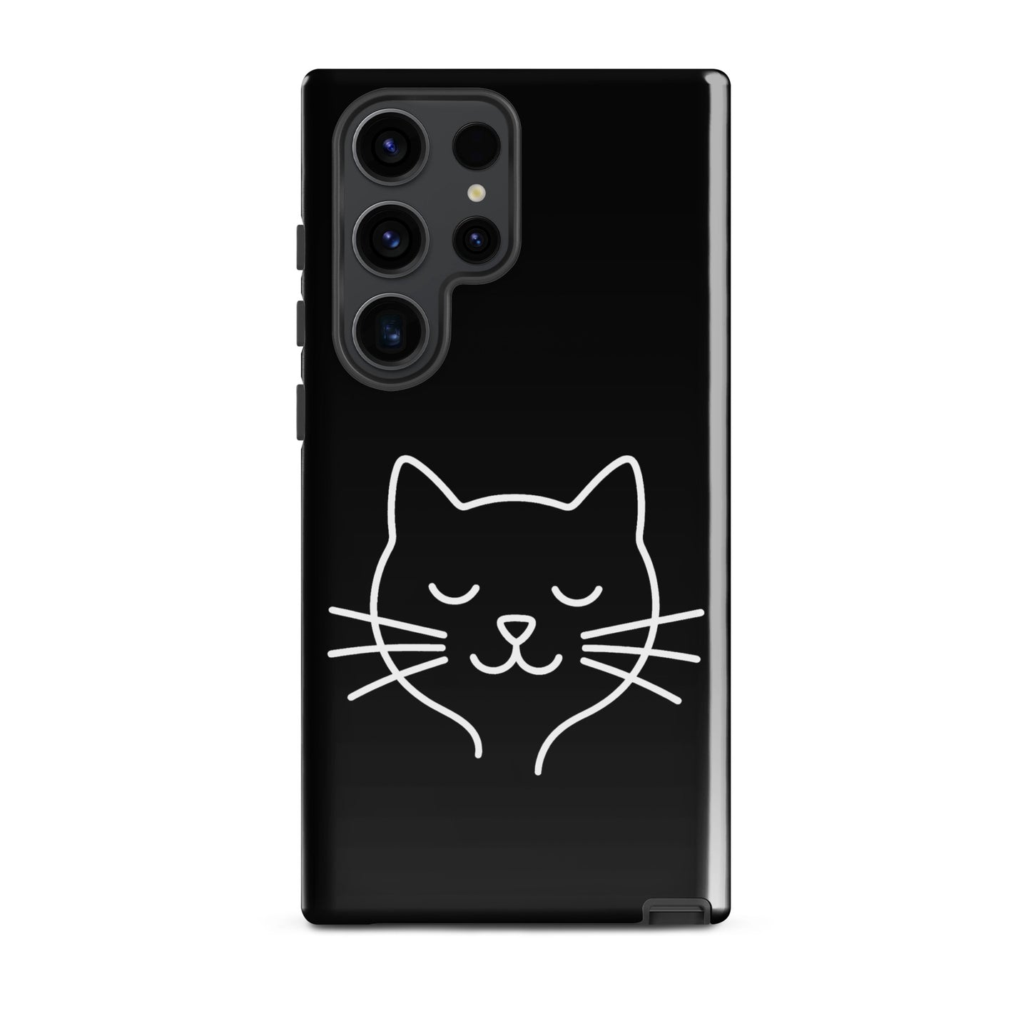 Phone Case for Samsung Galaxy featuring cute minimalist cat line art design on a sleek black background.