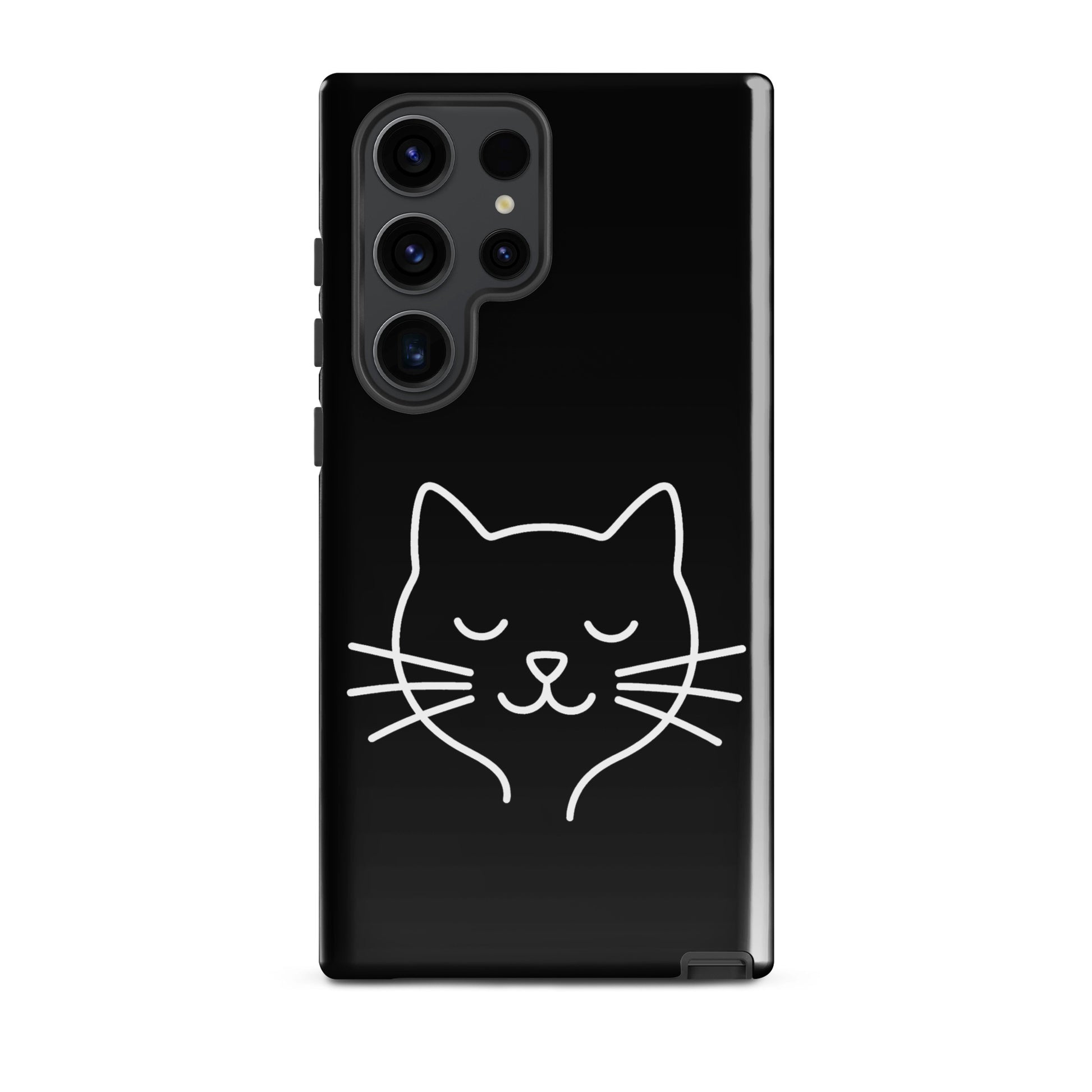 Phone Case for Samsung Galaxy featuring cute minimalist cat line art design on a sleek black background.