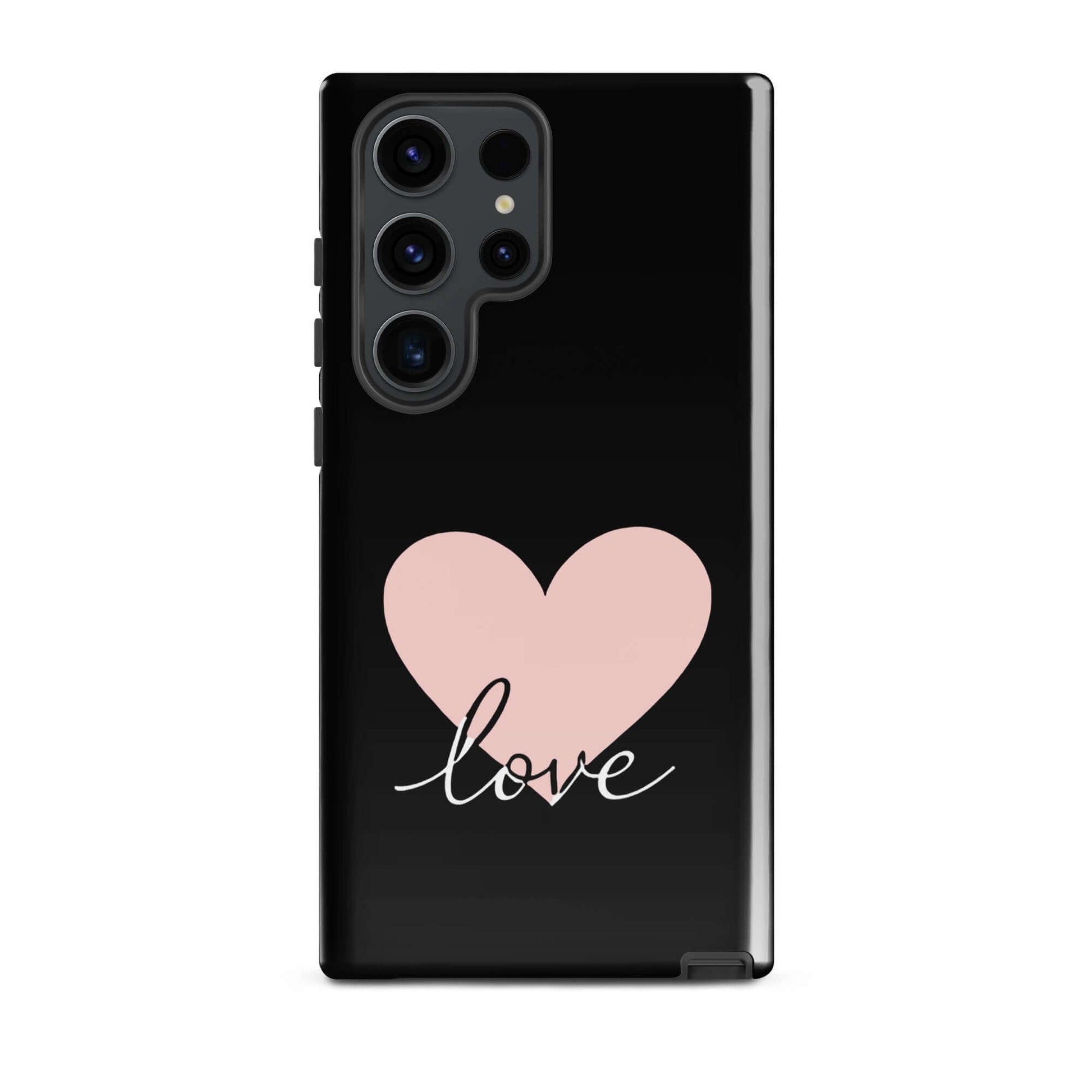 Phone Case Samsung Galaxy with heart and script love design on a black background.