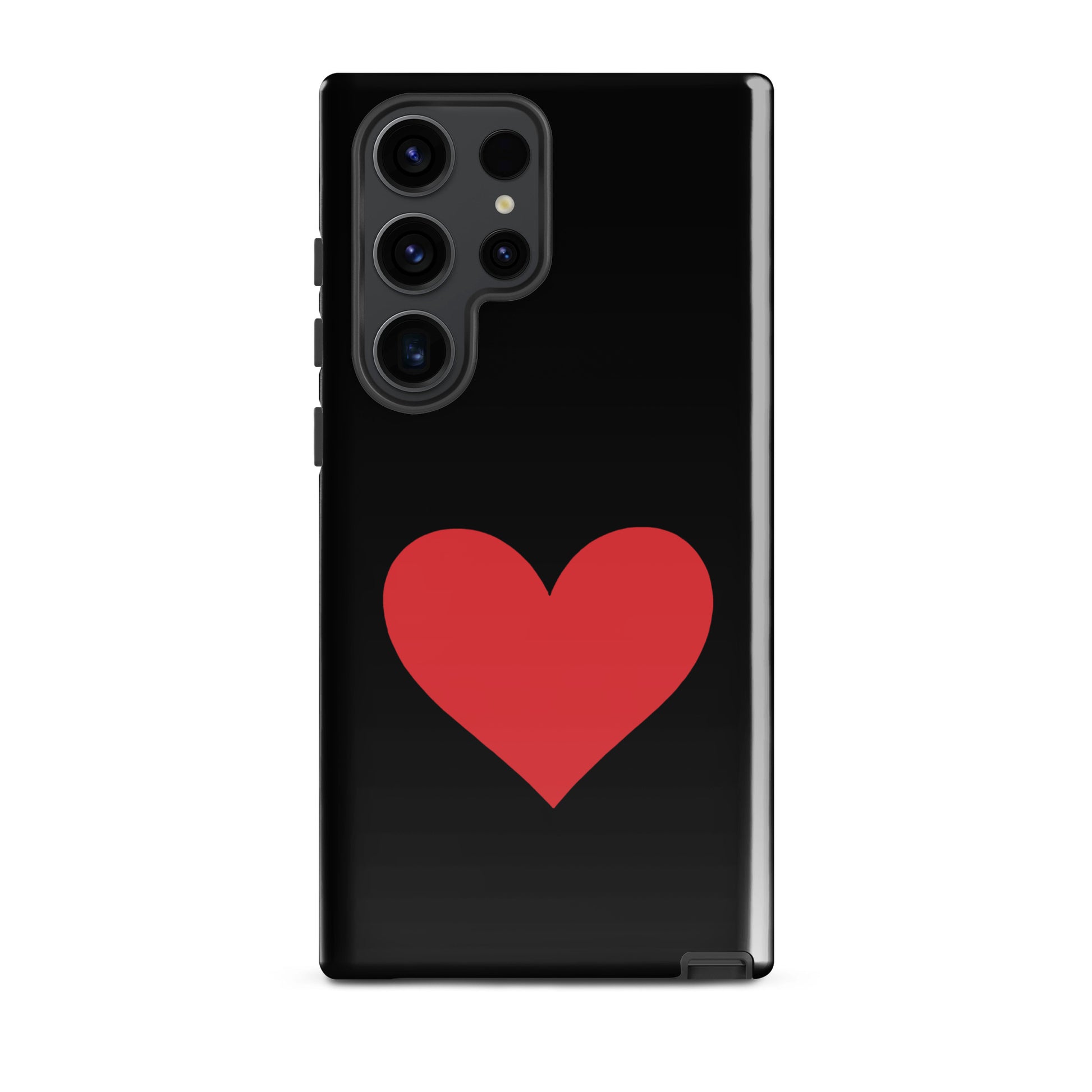 Phone Case for Samsung Galaxy with bold red heart design on a sleek black background.