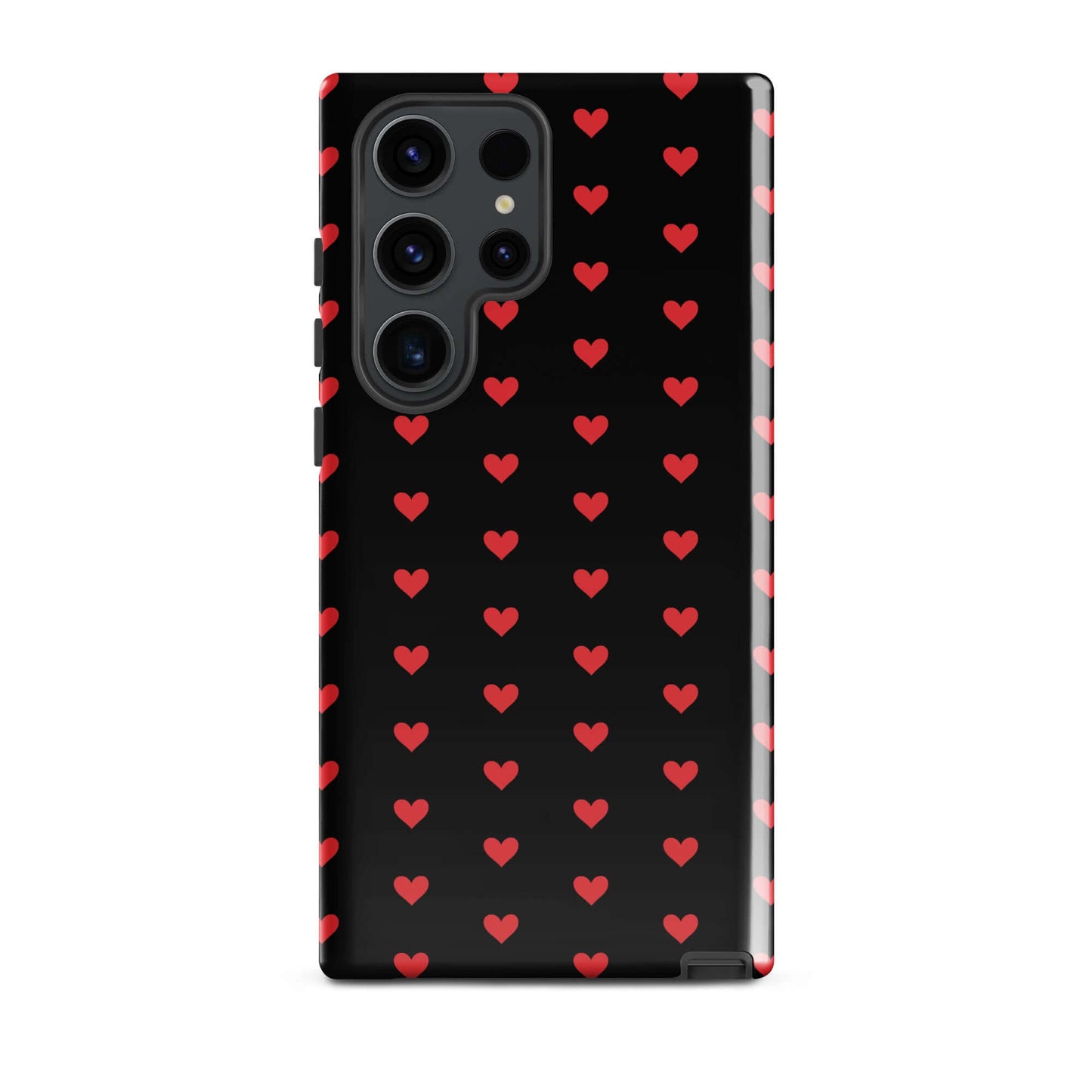 Phone Case for Samsung Galaxy featuring fiery red hearts on a sleek black background.