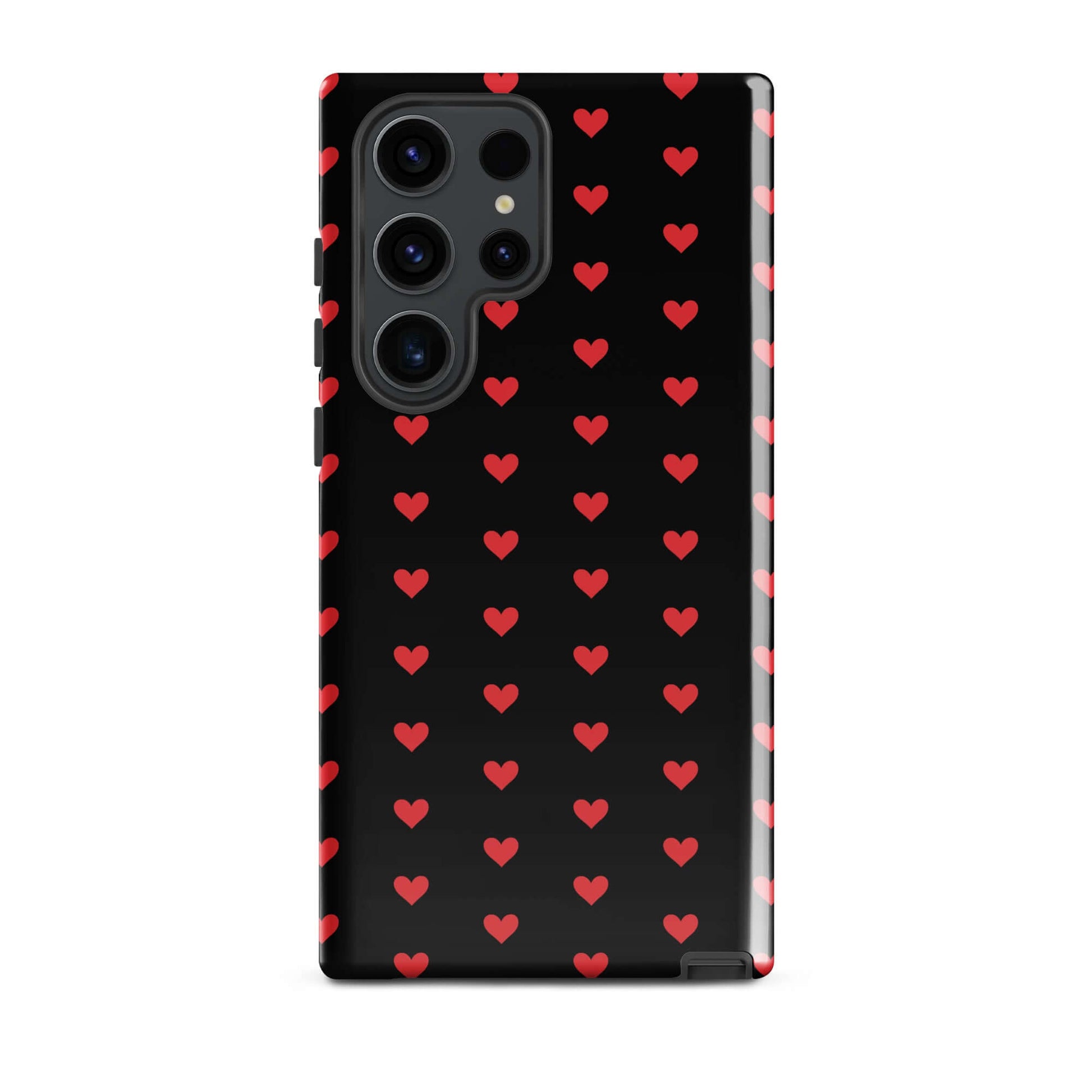Phone Case for Samsung Galaxy featuring fiery red hearts on a sleek black background.