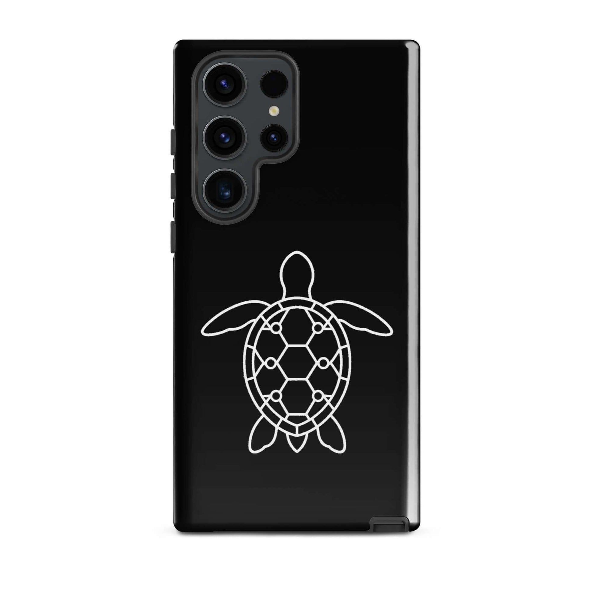 Phone case for Samsung Galaxy featuring a minimalist sea turtle silhouette on a black background.