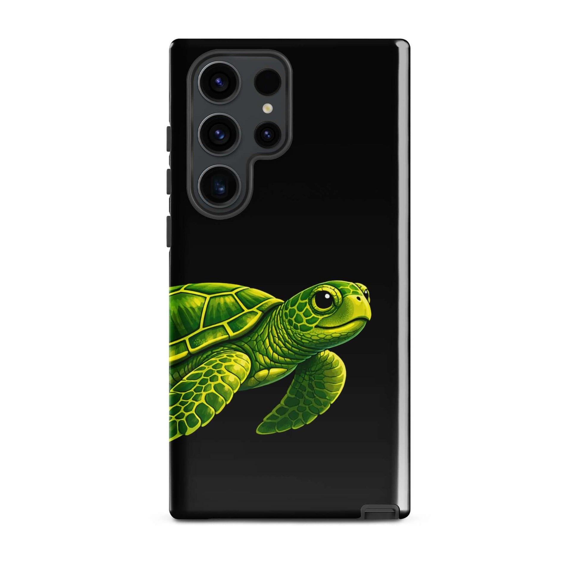 Phone case for Samsung Galaxy featuring a vibrant sea turtle design on a black background.