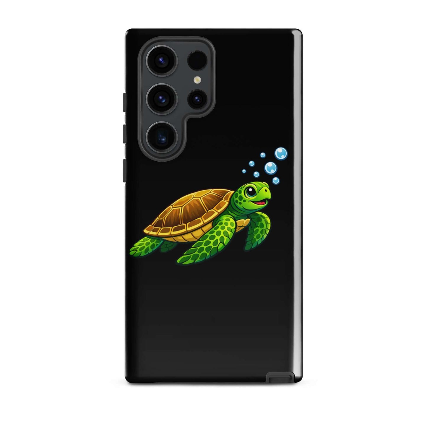 Phone Case for Samsung Galaxy featuring vibrant sea turtle artwork on a sleek black background.