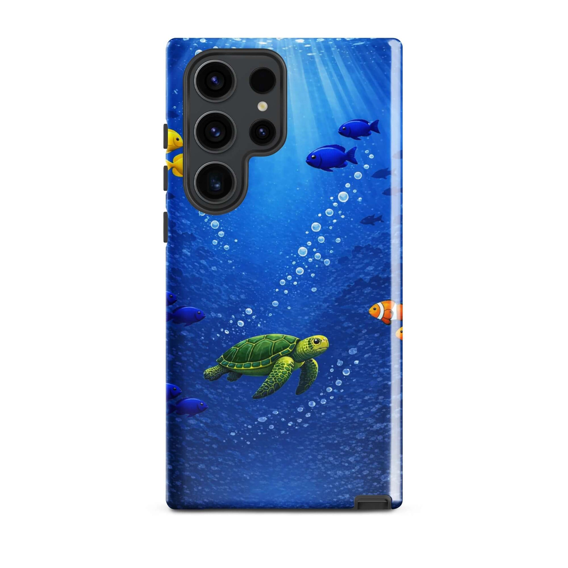 Phone Case with sea turtle design and colorful fish in deep blue ocean.