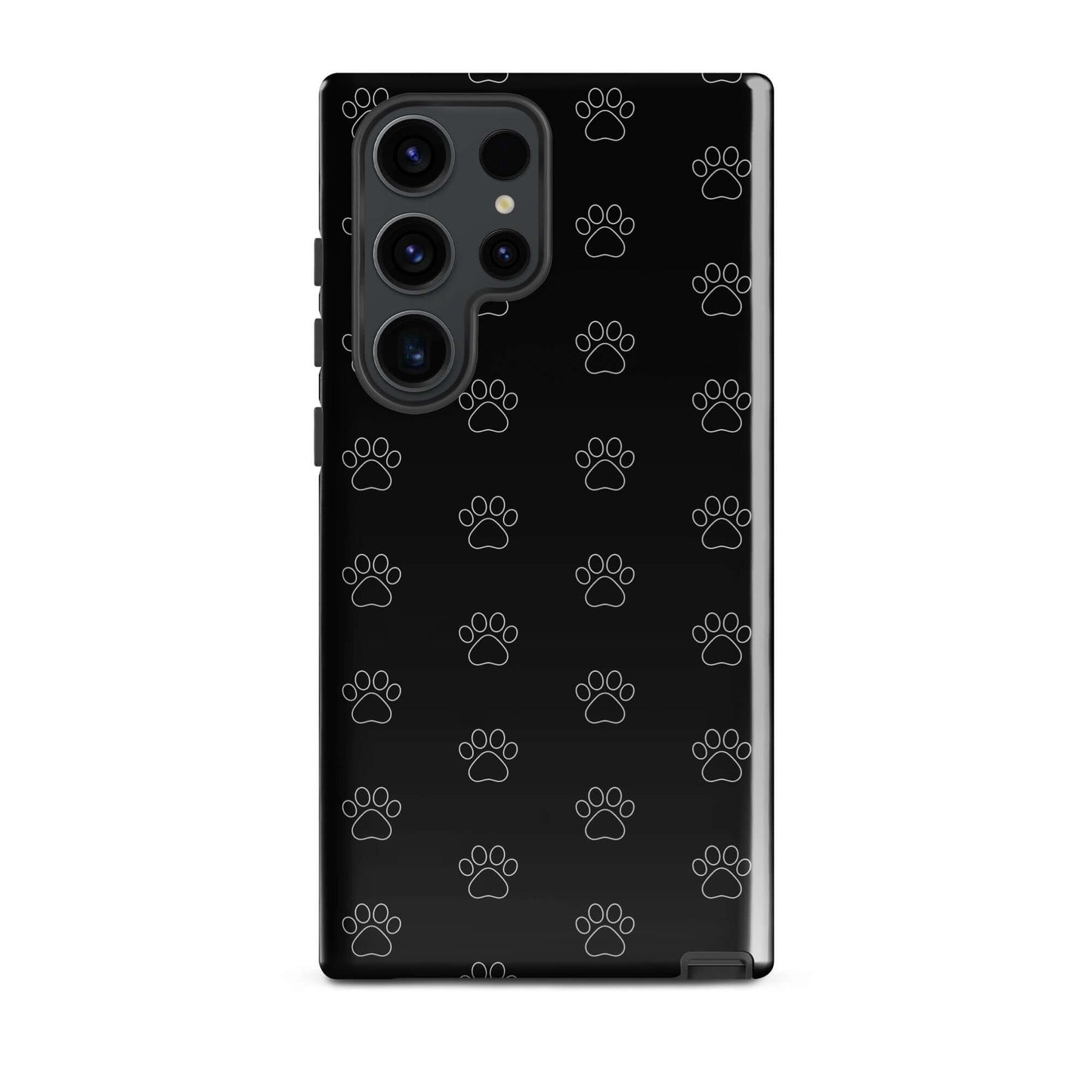 Phone Case for Samsung Galaxy featuring a playful black paw print pattern on a transparent background.