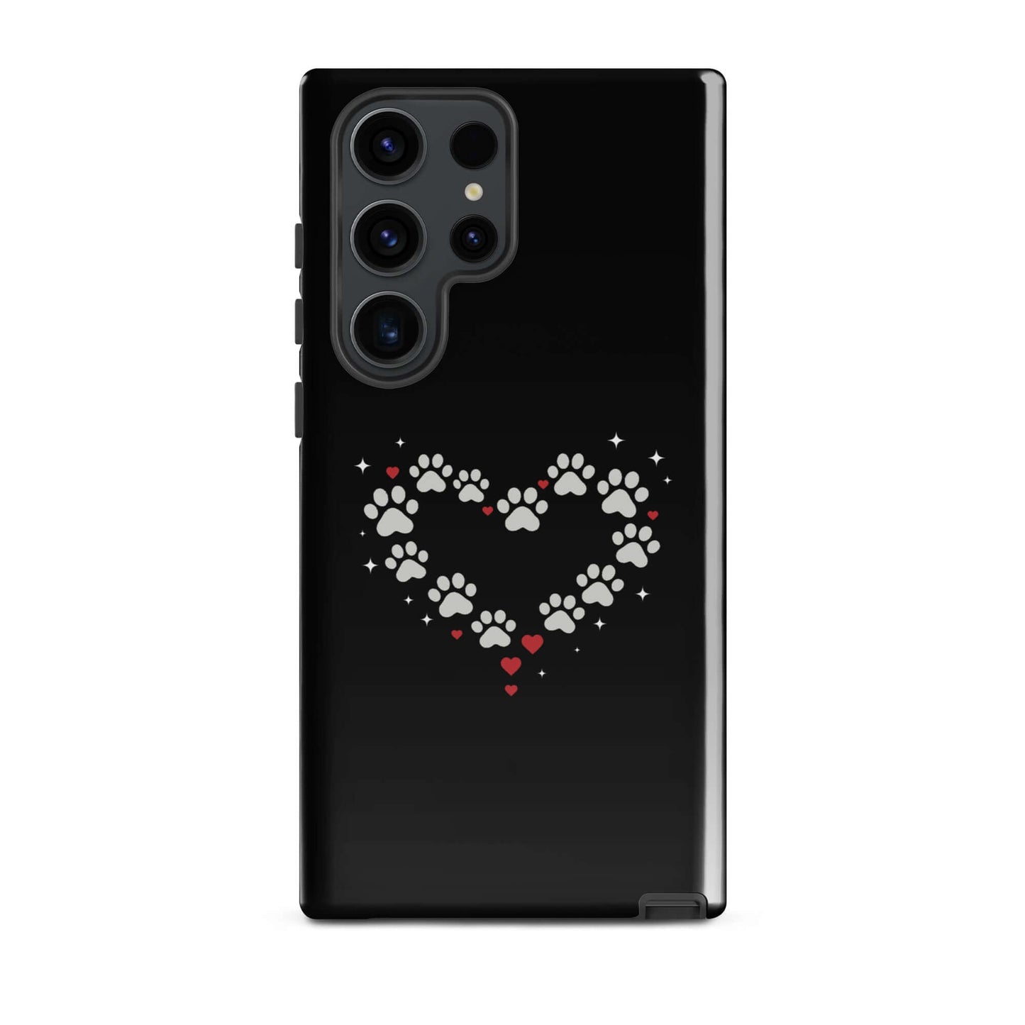 Phone Case for Samsung Galaxy featuring paw-print heart design on a black background.