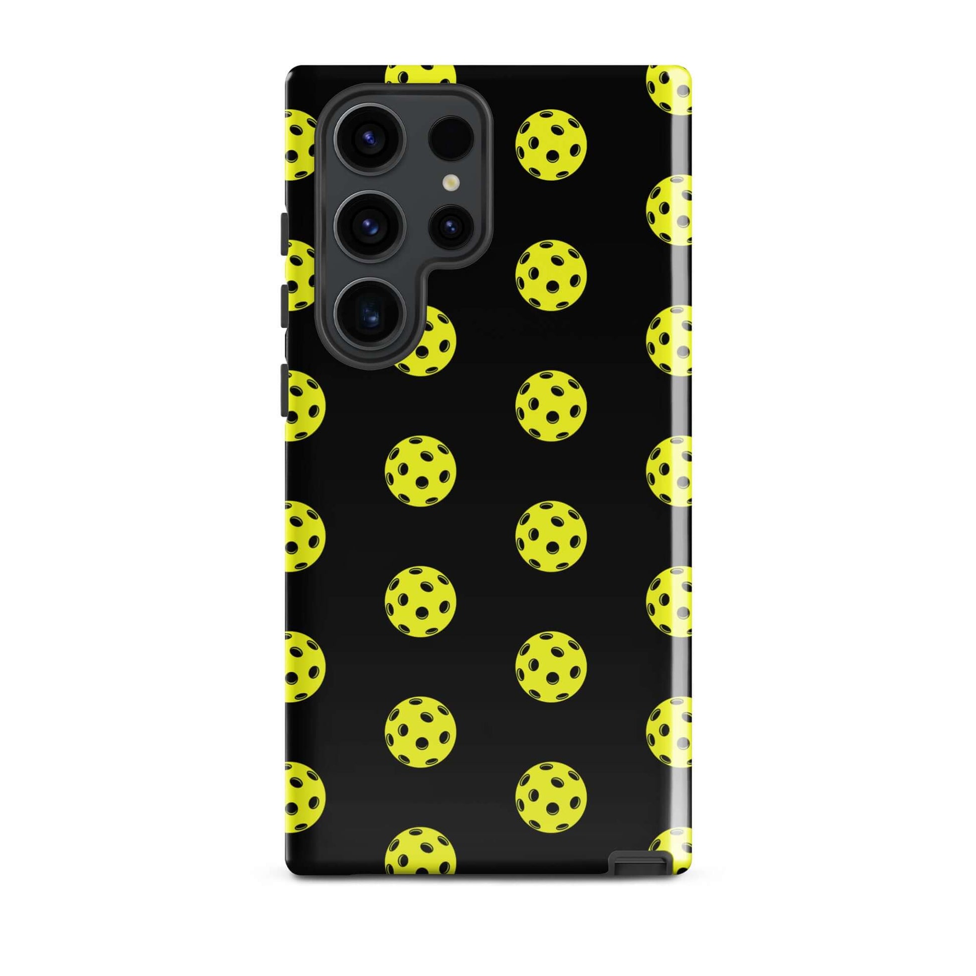 Phone Case for Samsung Galaxy featuring a pickleball pattern in yellow on a black background.