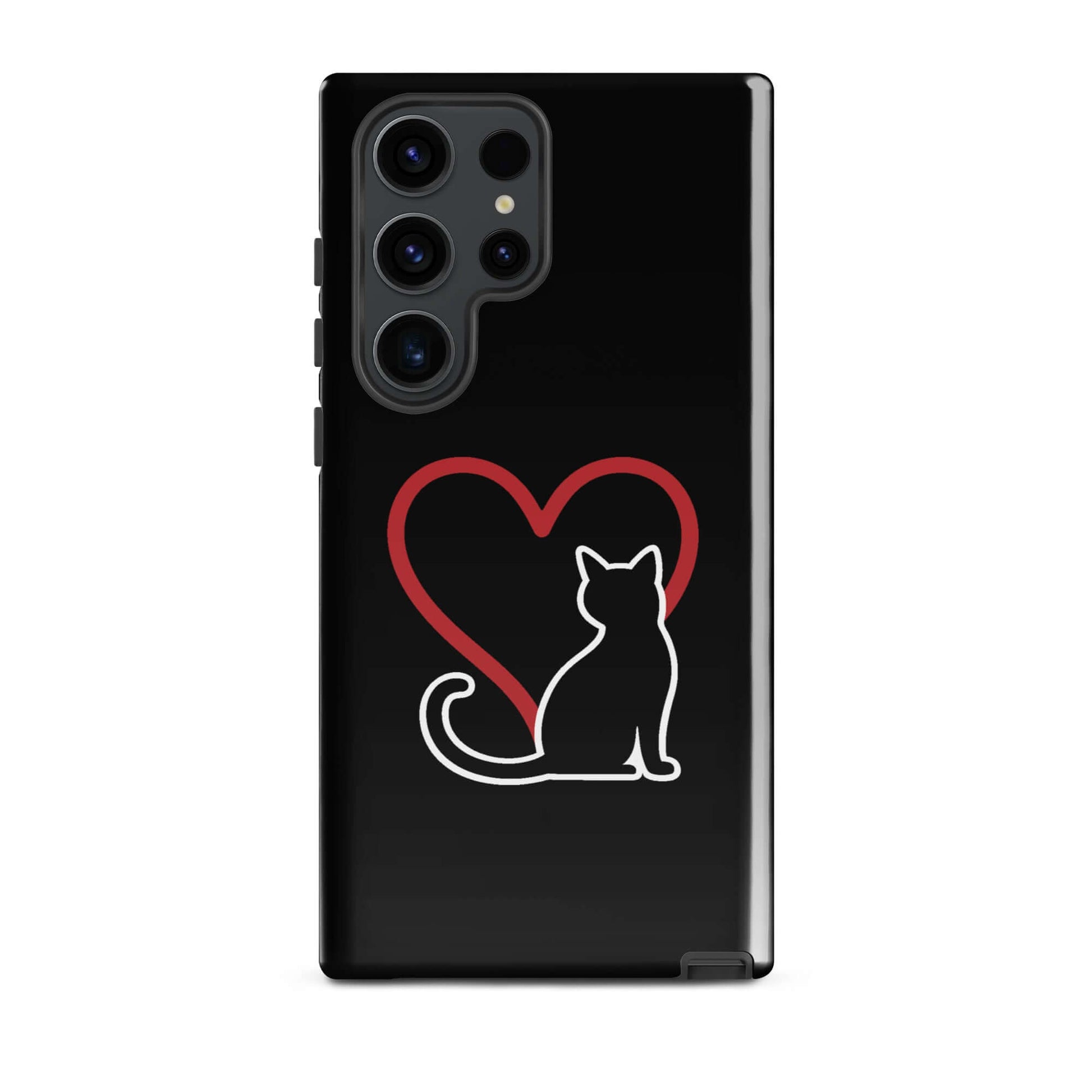 Phone Case for Samsung Galaxy featuring a black cat silhouette and a red heart design, perfect for cat lovers.