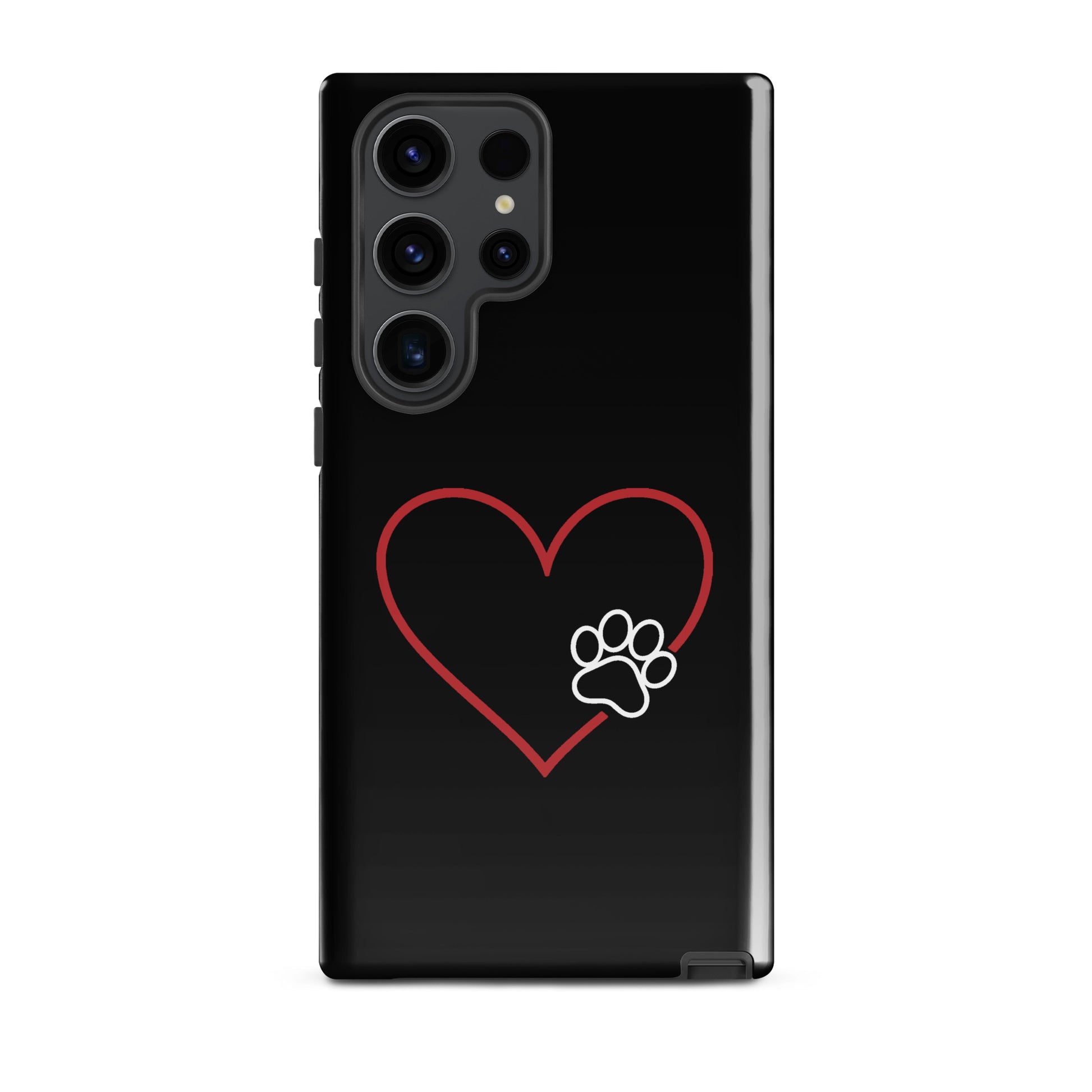 Phone Case for Samsung Galaxy with heart and paw print design on black background.