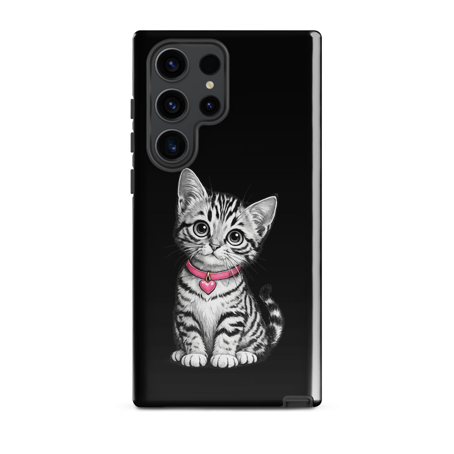 Phone Case for Samsung Galaxy featuring a pencil-sketch kitten with a pink collar and heart charm on a black background.