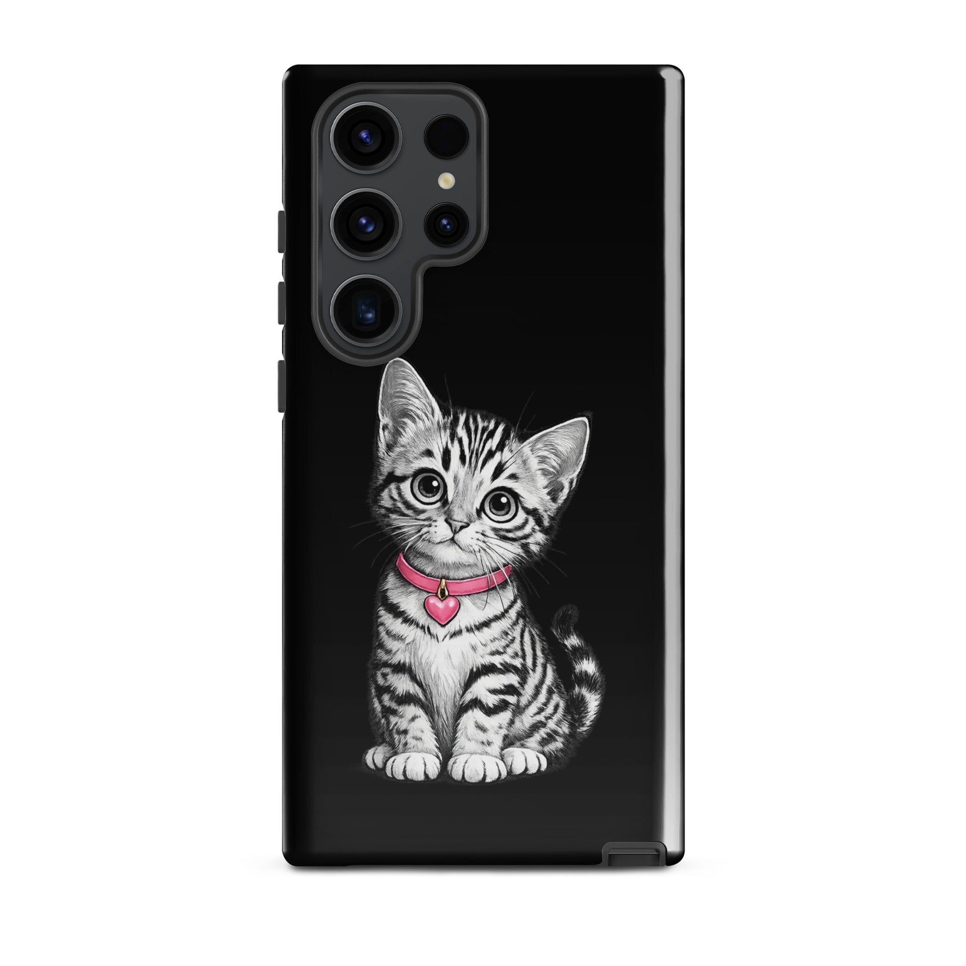 Phone Case for Samsung Galaxy featuring a pencil-sketch kitten with a pink collar and heart charm on a black background.