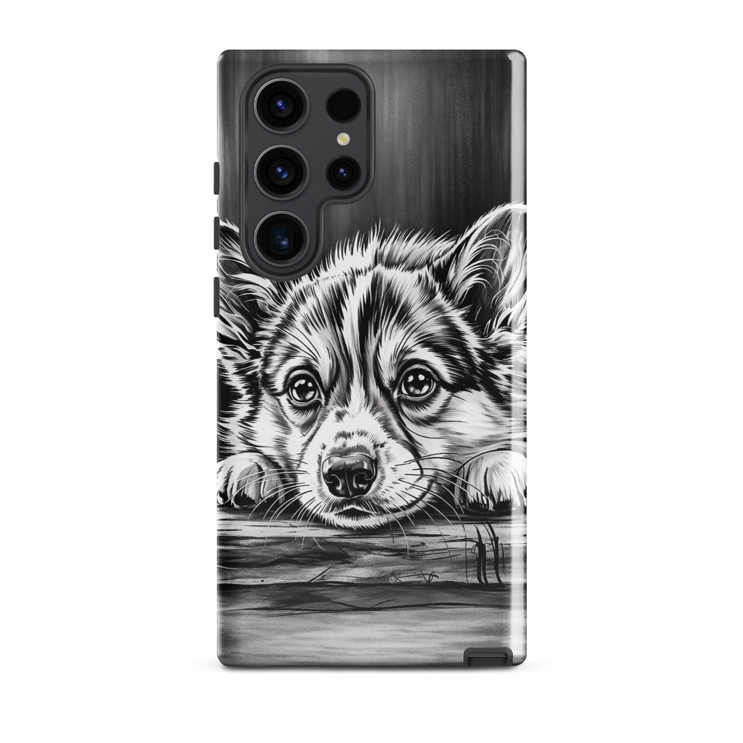 Phone Case for Samsung Galaxy with elegant puppy art illustration on aged wood background, offering style and premium protection.