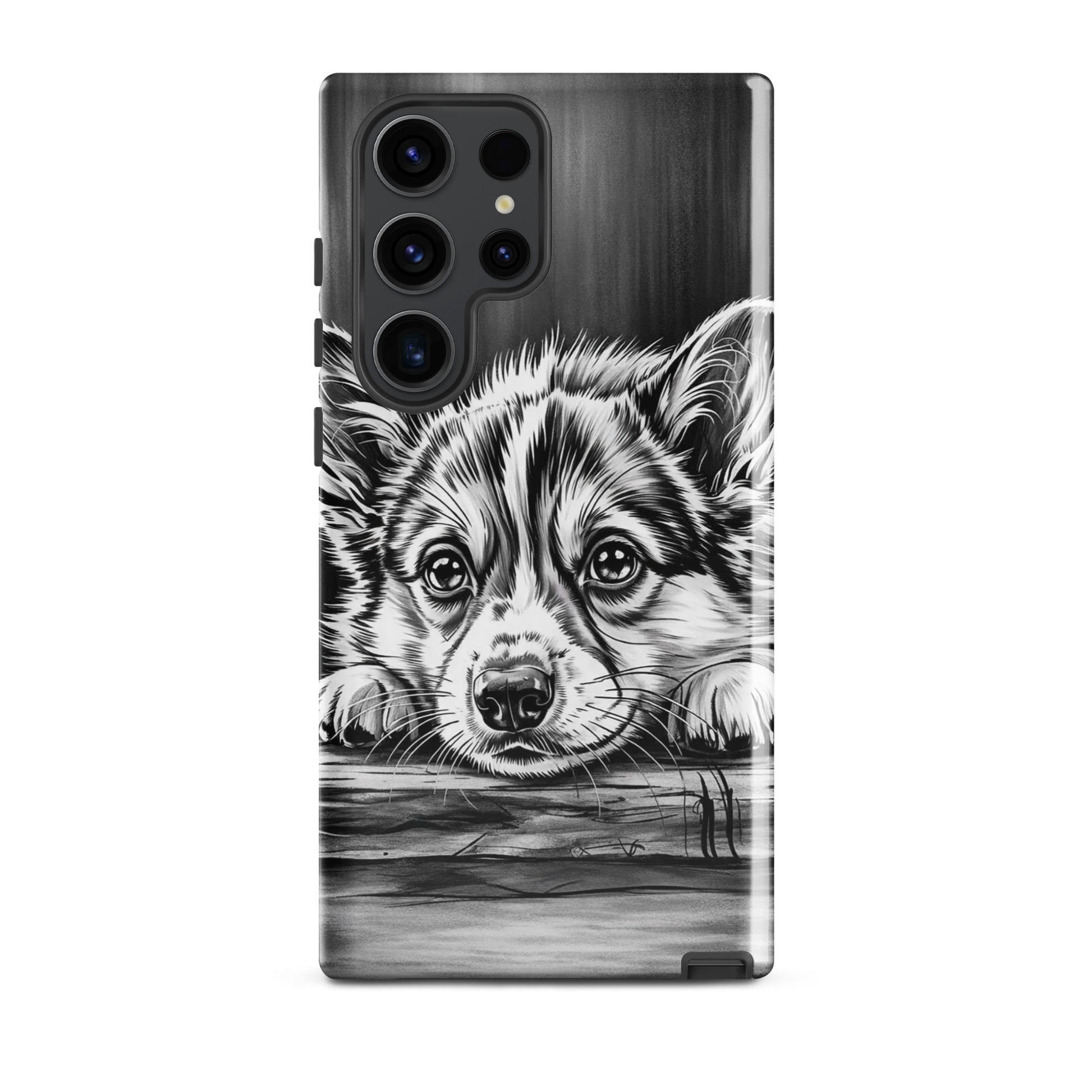 Phone Case for Samsung Galaxy with elegant puppy art illustration on aged wood background, offering style and premium protection.