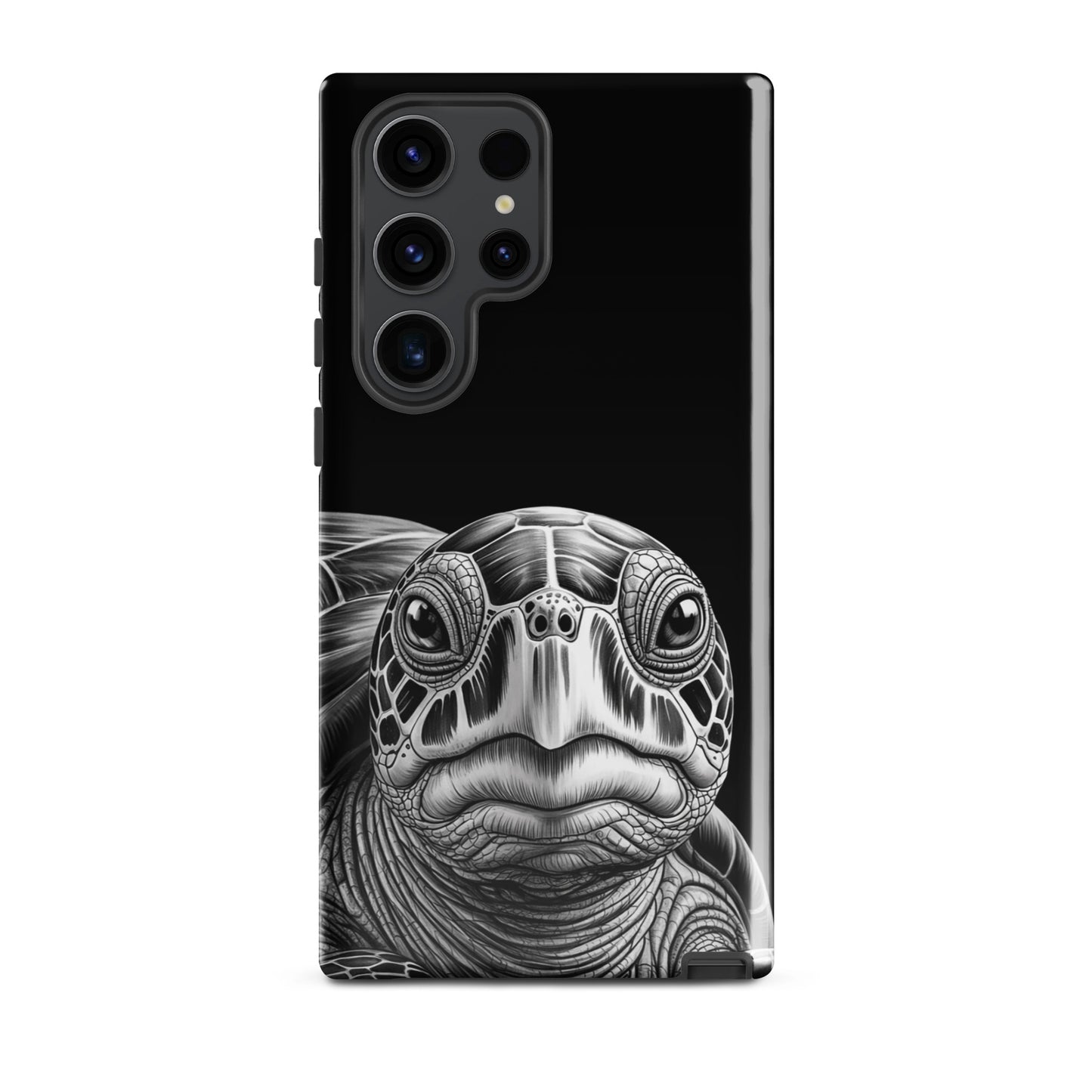 Phone Case for Samsung Galaxy featuring a black-and-white sea turtle design showcasing intricate shell details and soulful gaze.